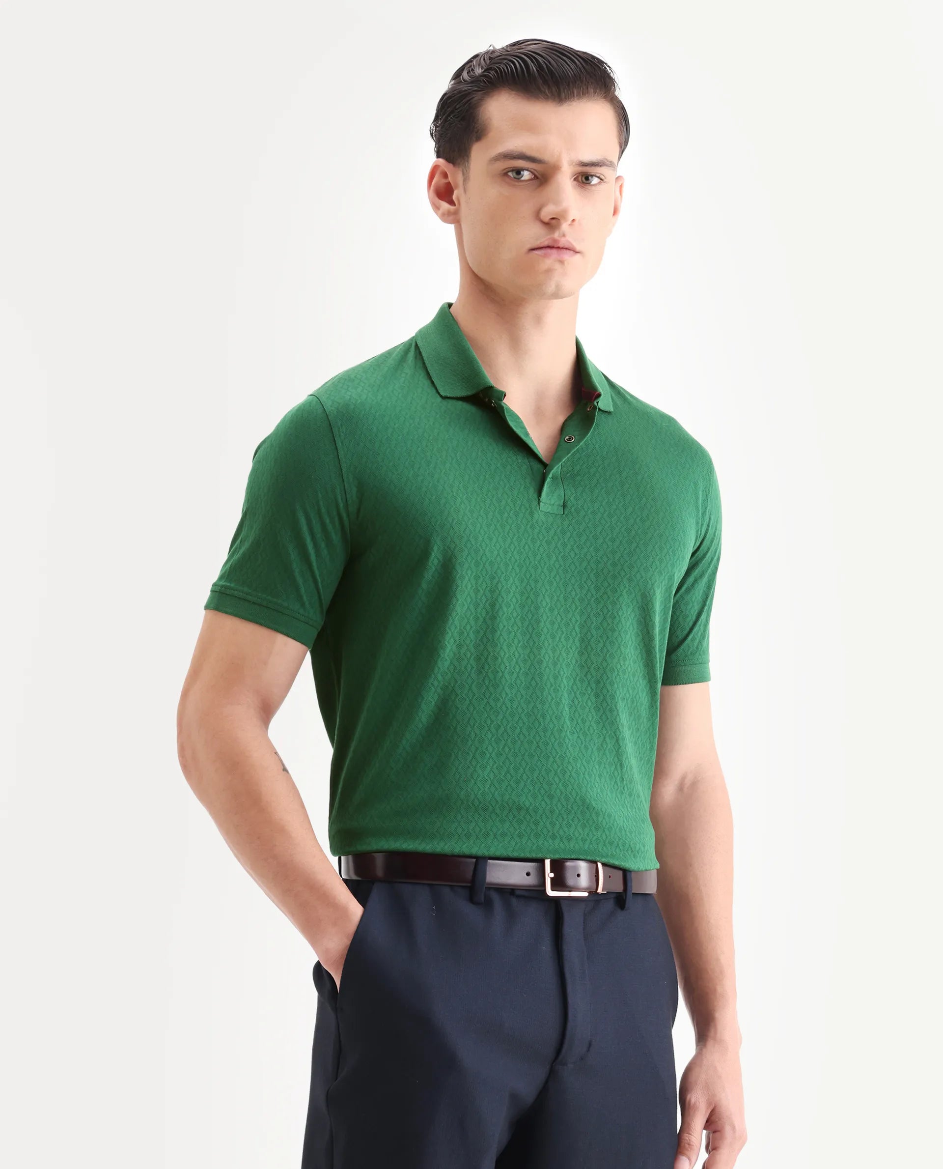 Rare Rabbit Men's Dafo Green Cotton Jacquard Regular Fit Half Sleeve Polo
