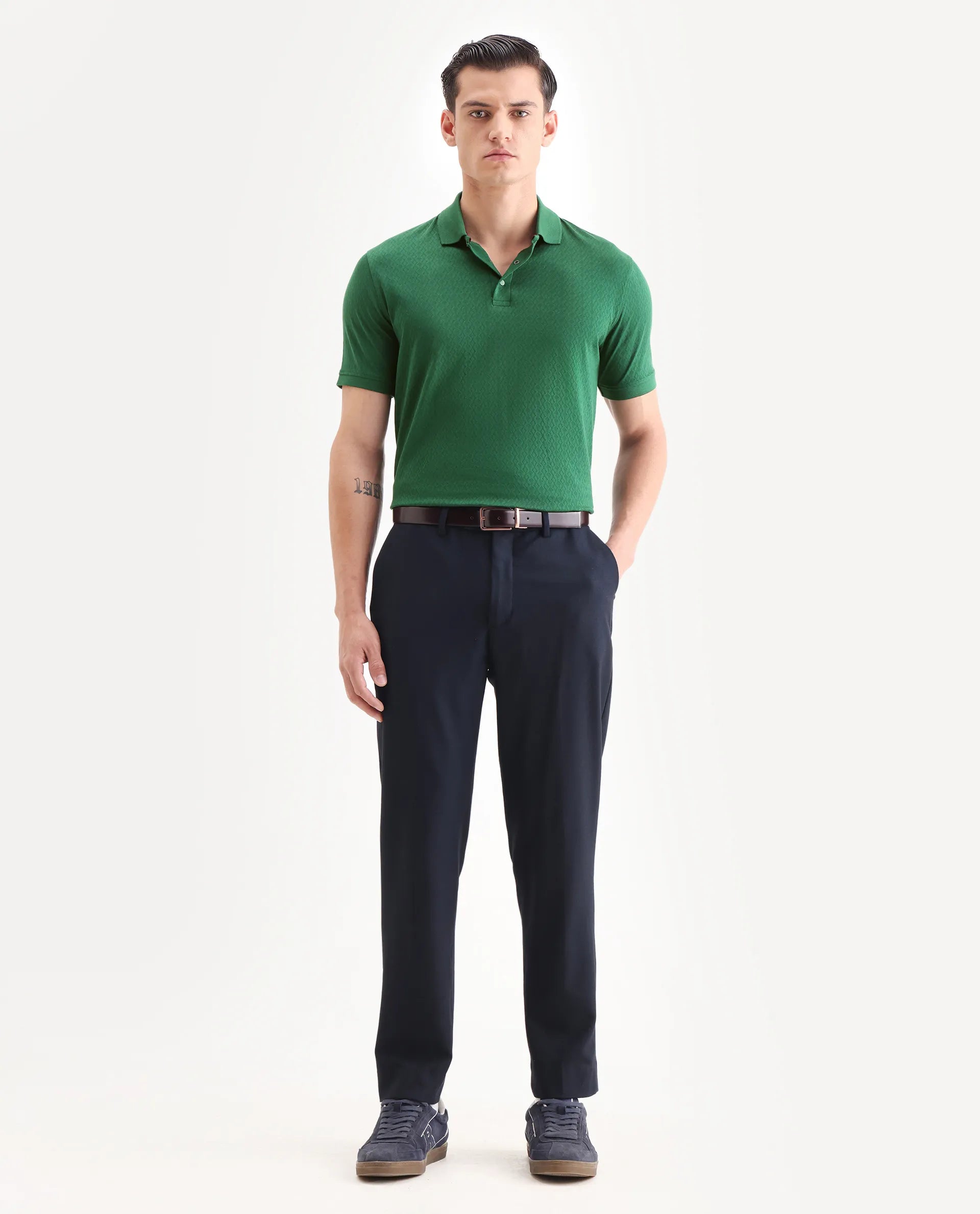 Rare Rabbit Men's Dafo Green Cotton Jacquard Regular Fit Half Sleeve Polo