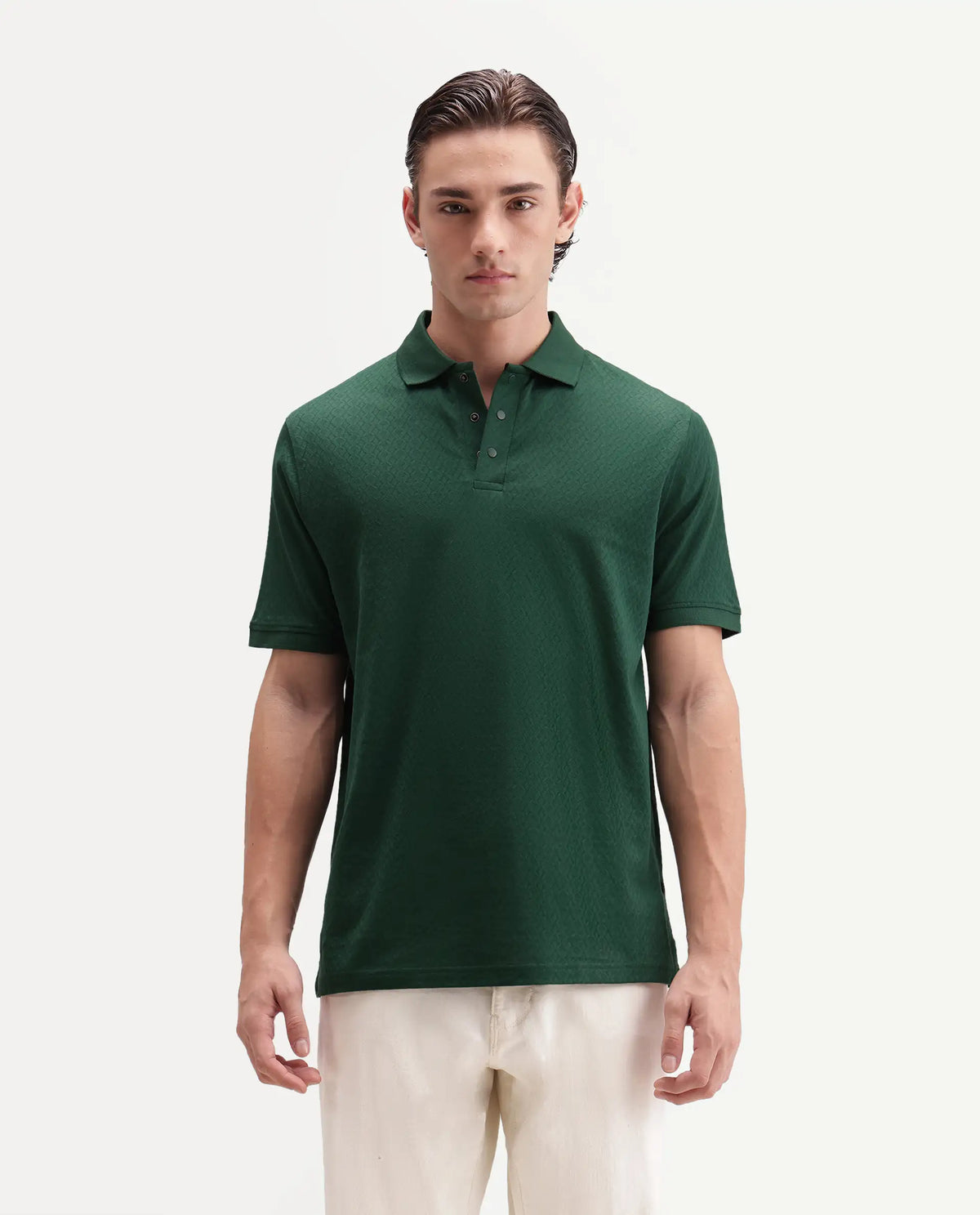 Rare Rabbit Men's Dafo Green Cotton Jacquard Regular Fit Half Sleeve Polo
