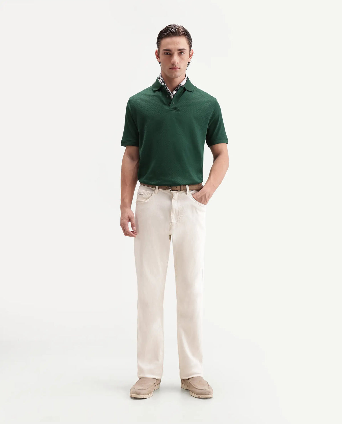 Rare Rabbit Men's Dafo Green Cotton Jacquard Regular Fit Half Sleeve Polo