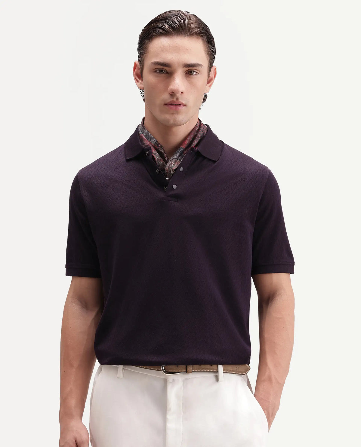 Rare Rabbit Men's Guild Statement Dafo Purple Cotton Jacquard Regular Fit Half Sleeve Polo