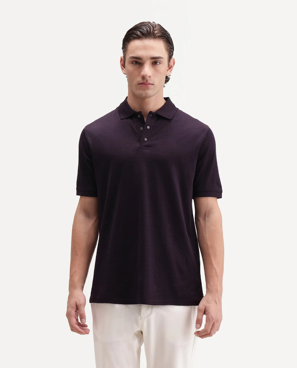 Rare Rabbit Men's Guild Statement Dafo Purple Cotton Jacquard Regular Fit Half Sleeve Polo