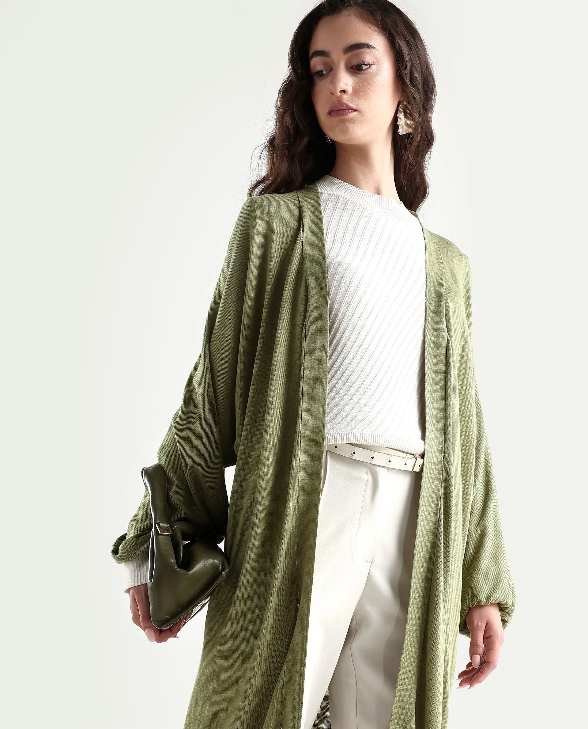 Rareism Women's Keya Pastel Green Cotton Collarless Plain Extended Sleeves Midi Relaxed Fit Shrug