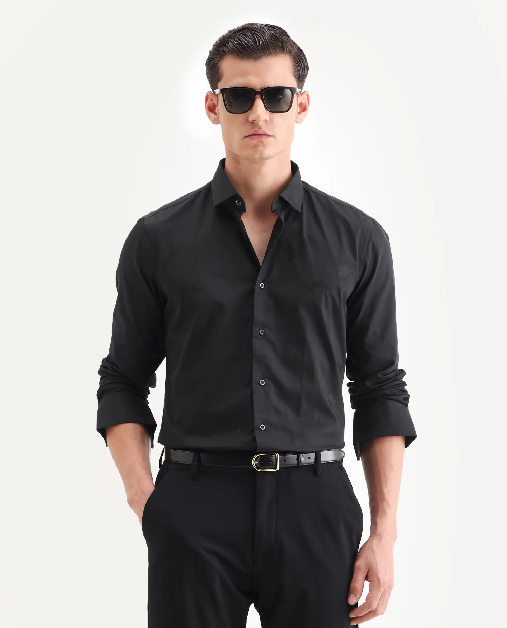Rare Rabbit Men's Sherdâ Black Cotton Jacquard Regular Fit Full Sleeve Collared Shirt
