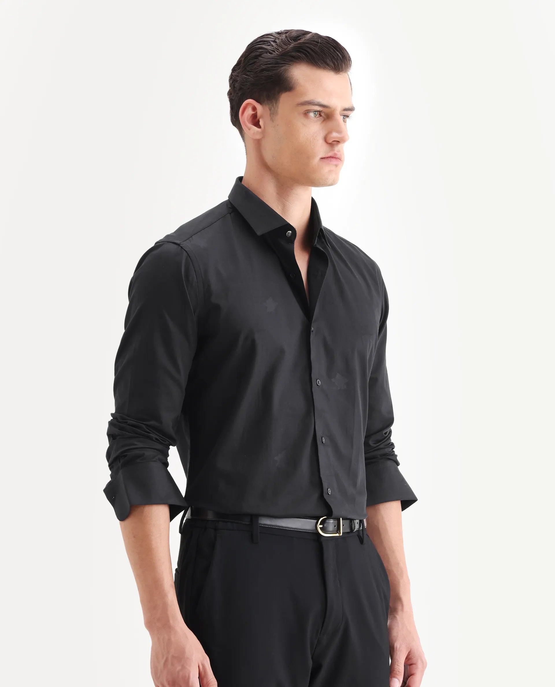 Rare Rabbit Men's Sherdâ Black Cotton Jacquard Regular Fit Full Sleeve Collared Shirt