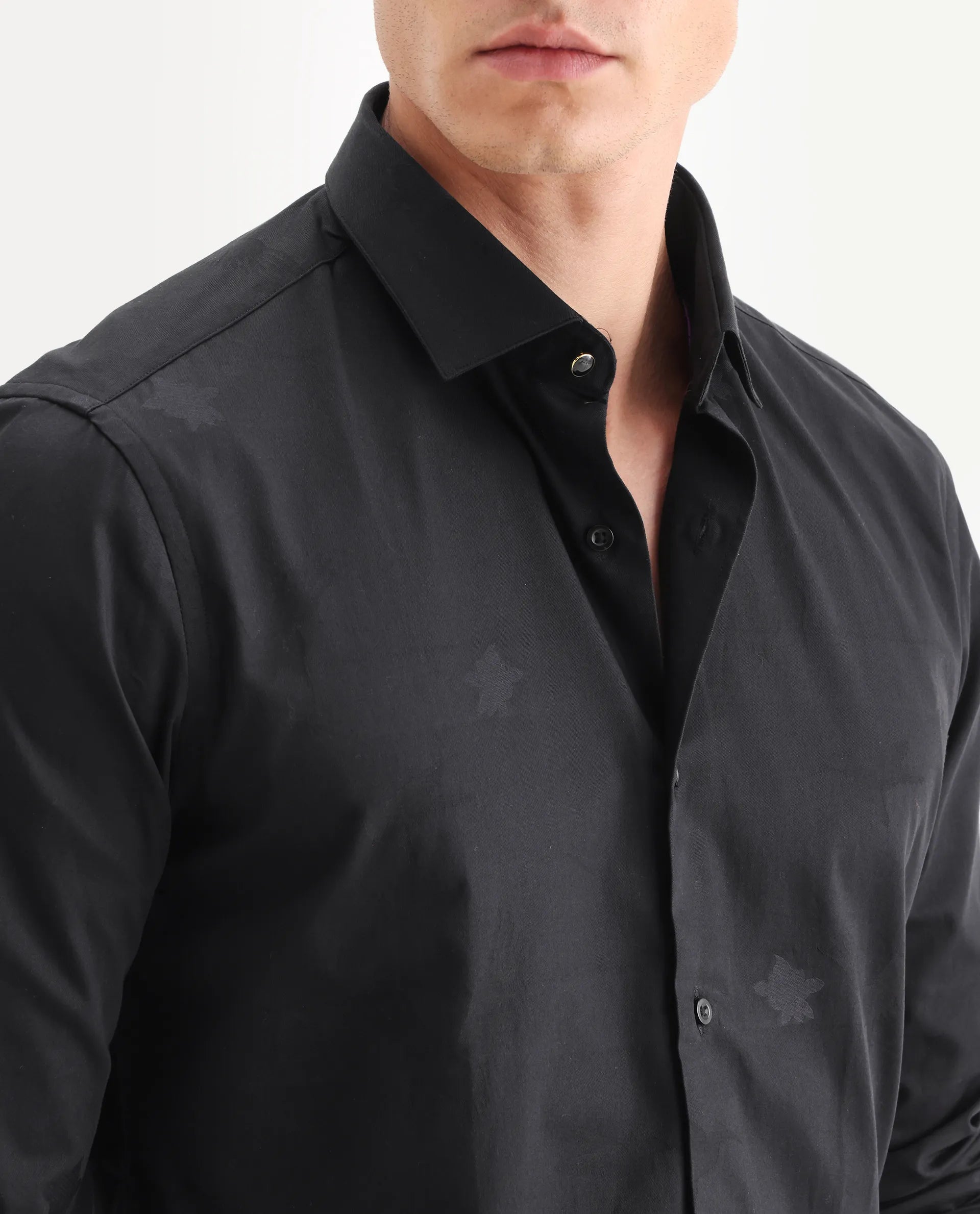 Rare Rabbit Men's Sherdâ Black Cotton Jacquard Regular Fit Full Sleeve Collared Shirt