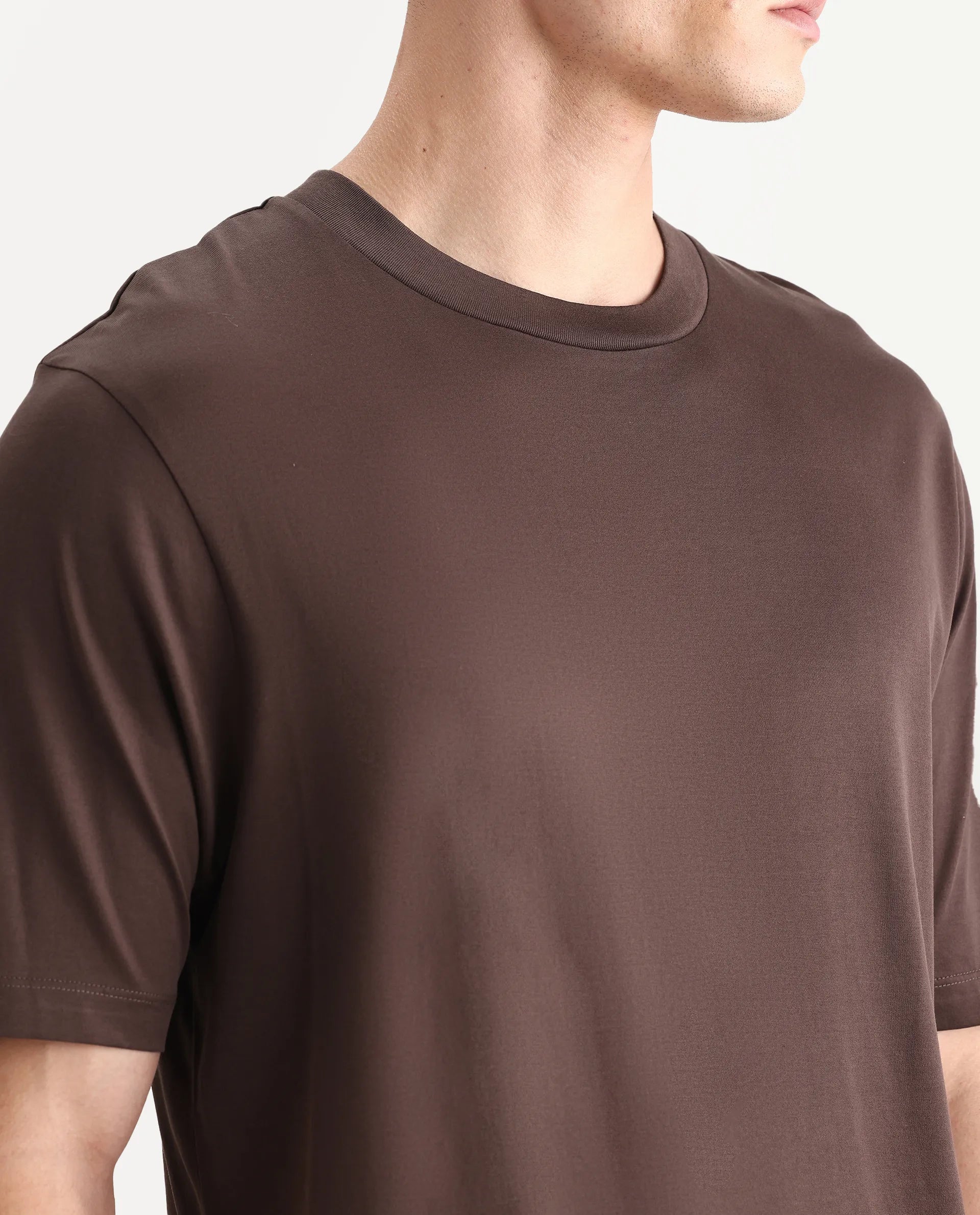 Rare Rabbit Men's Barcelon Dusky Brown Cotton Plain Oversized Fit Half