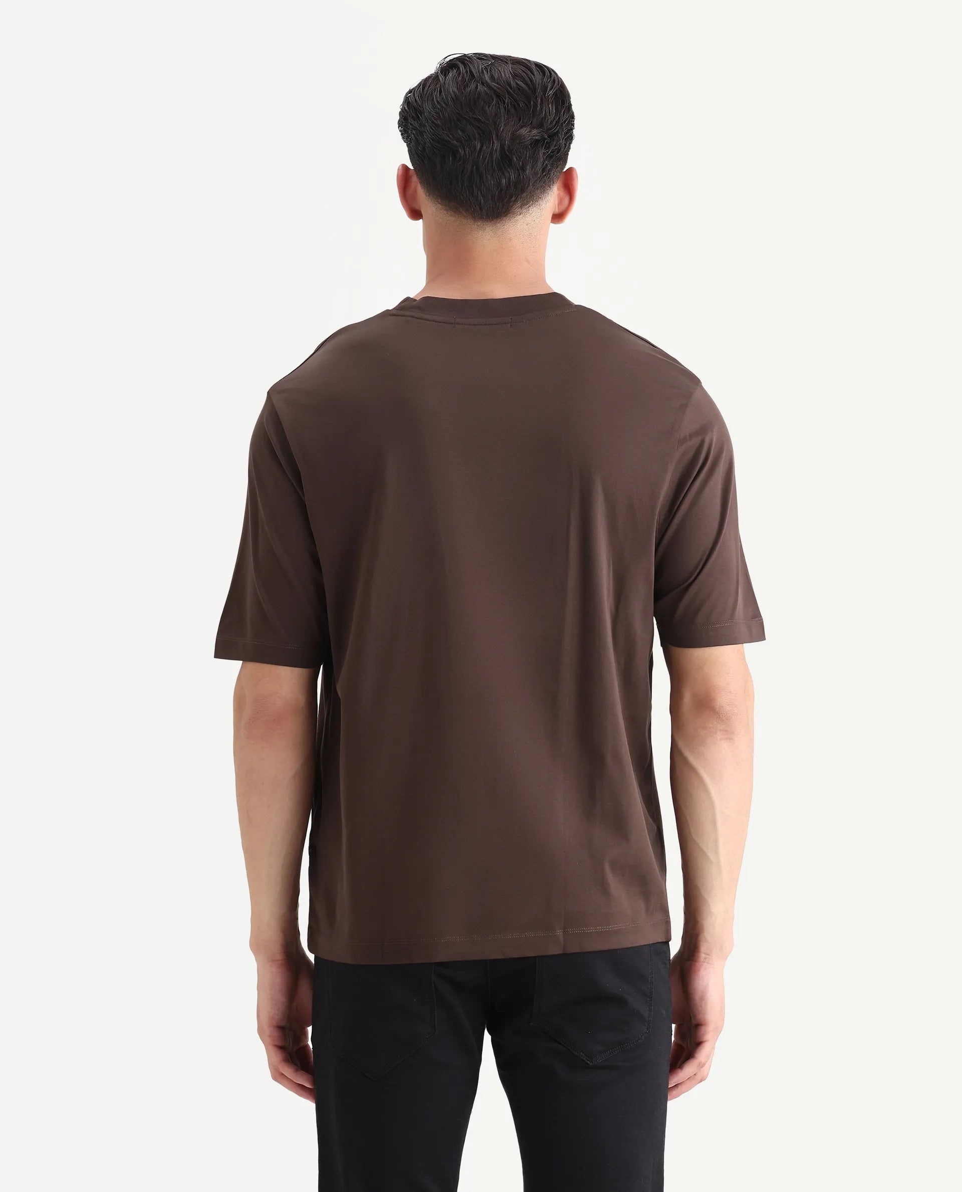 Rare Rabbit Men's Barcelon Dusky Brown Cotton Plain Oversized Fit Half Sleeve Crew Neck T-Shirt