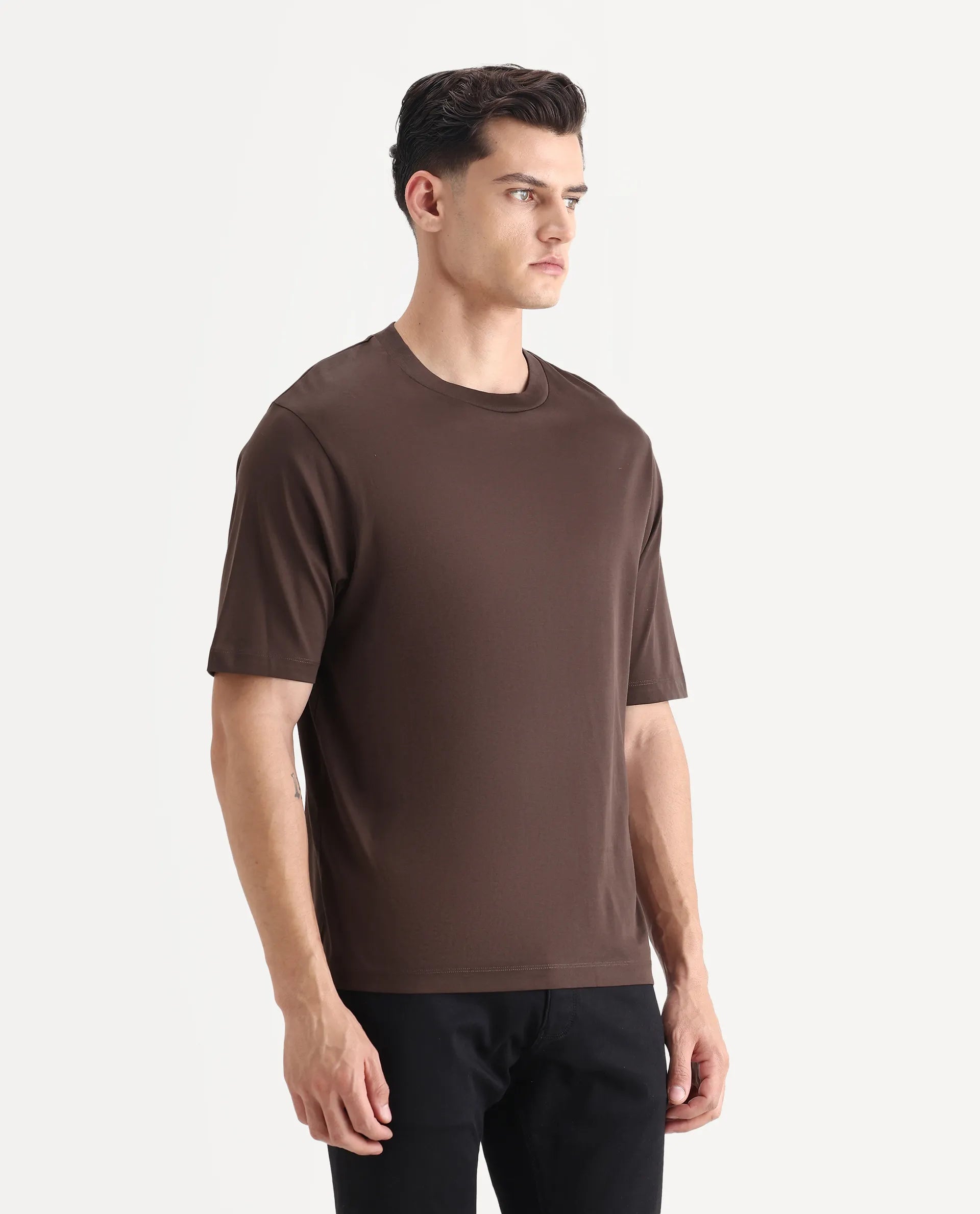 Rare Rabbit Men's Barcelon Dusky Brown Cotton Plain Oversized Fit Half Sleeve Crew Neck T-Shirt