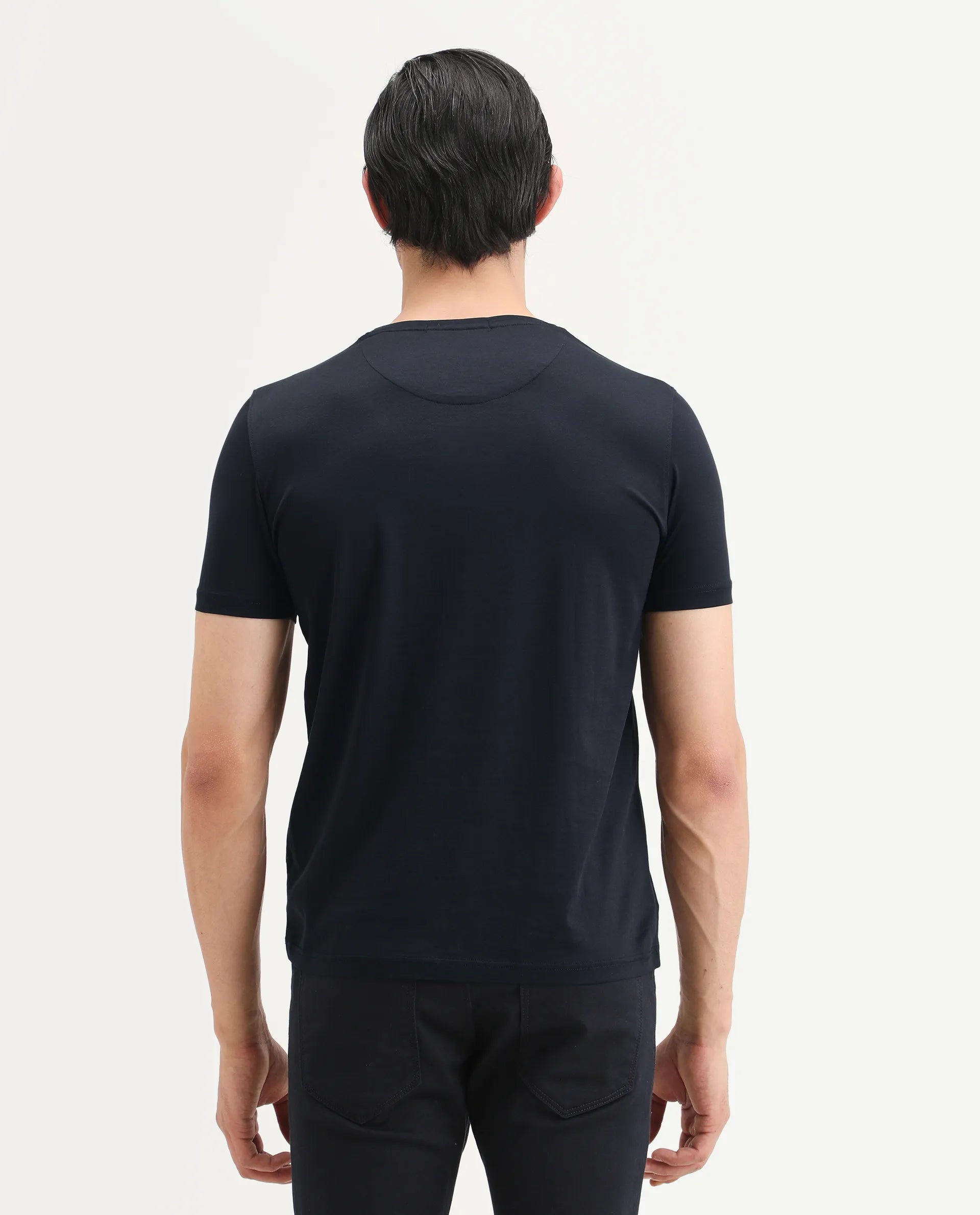 Rare Rabbit Men's Badgen Navy Cotton Plain Regular Fit Half Sleeve Crew Neck T-Shirt
