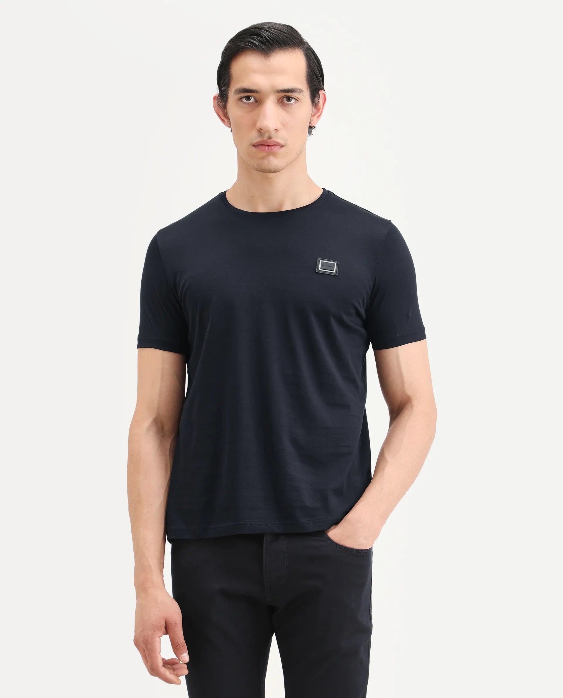 Rare Rabbit Men's Badgen Navy Cotton Plain Regular Fit Half Sleeve Crew Neck T-Shirt