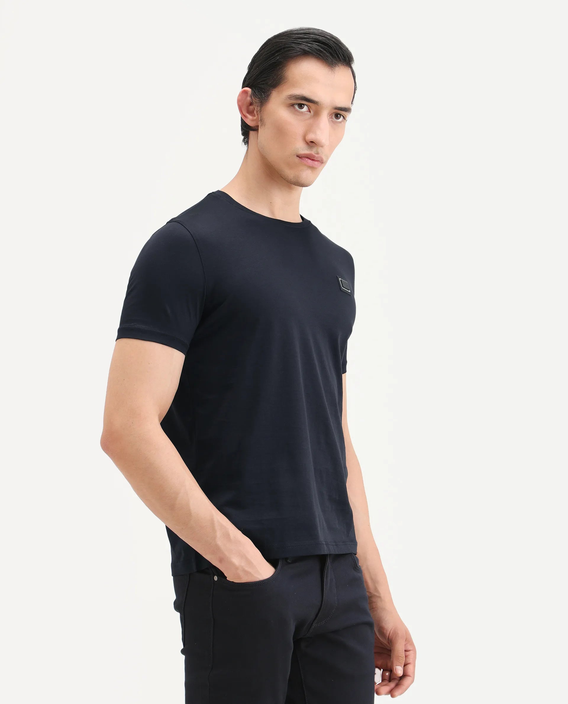 Rare Rabbit Men's Badgen Navy Cotton Plain Regular Fit Half Sleeve Crew Neck T-Shirt