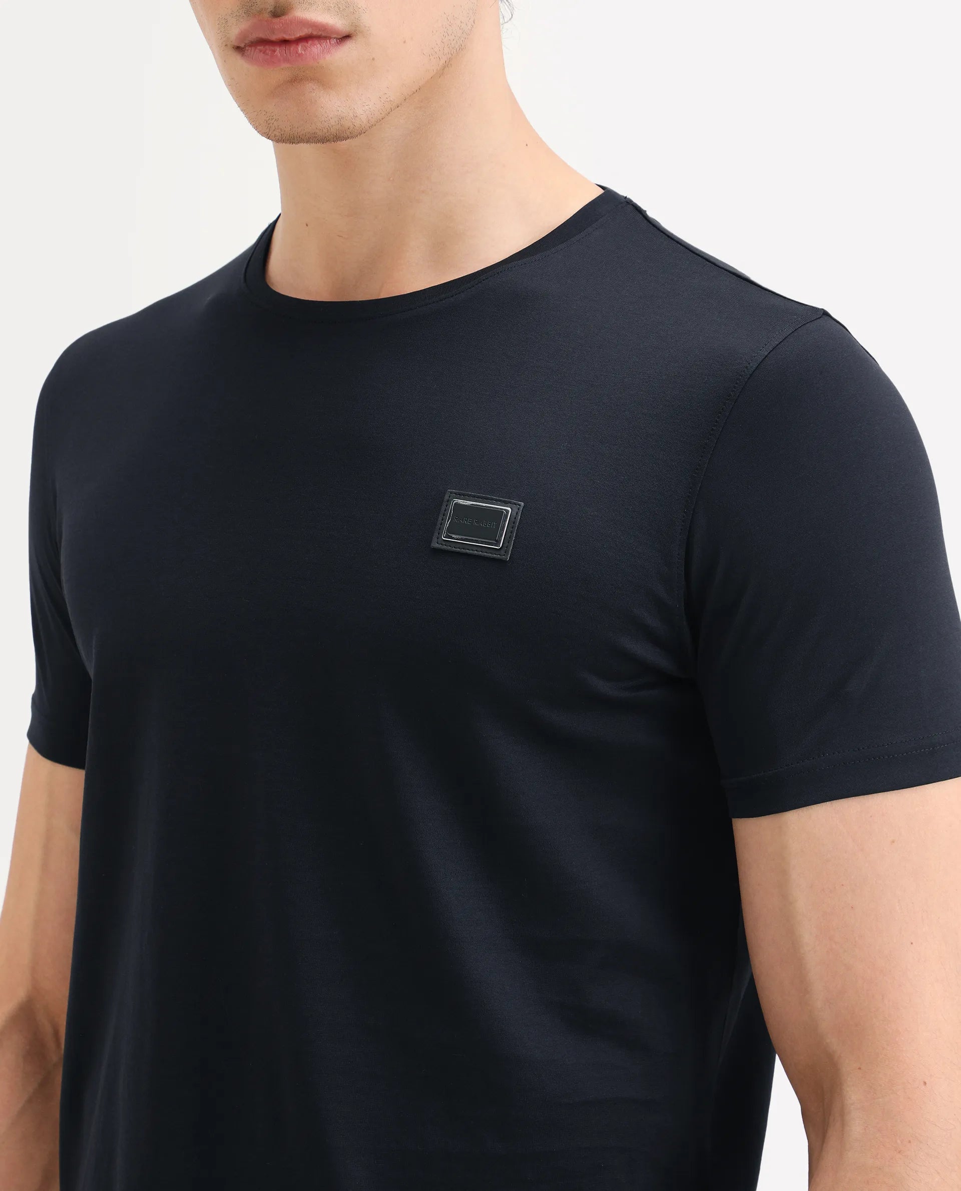 Rare Rabbit Men's Badgen Navy Cotton Plain Regular Fit Half Sleeve Crew Neck T-Shirt