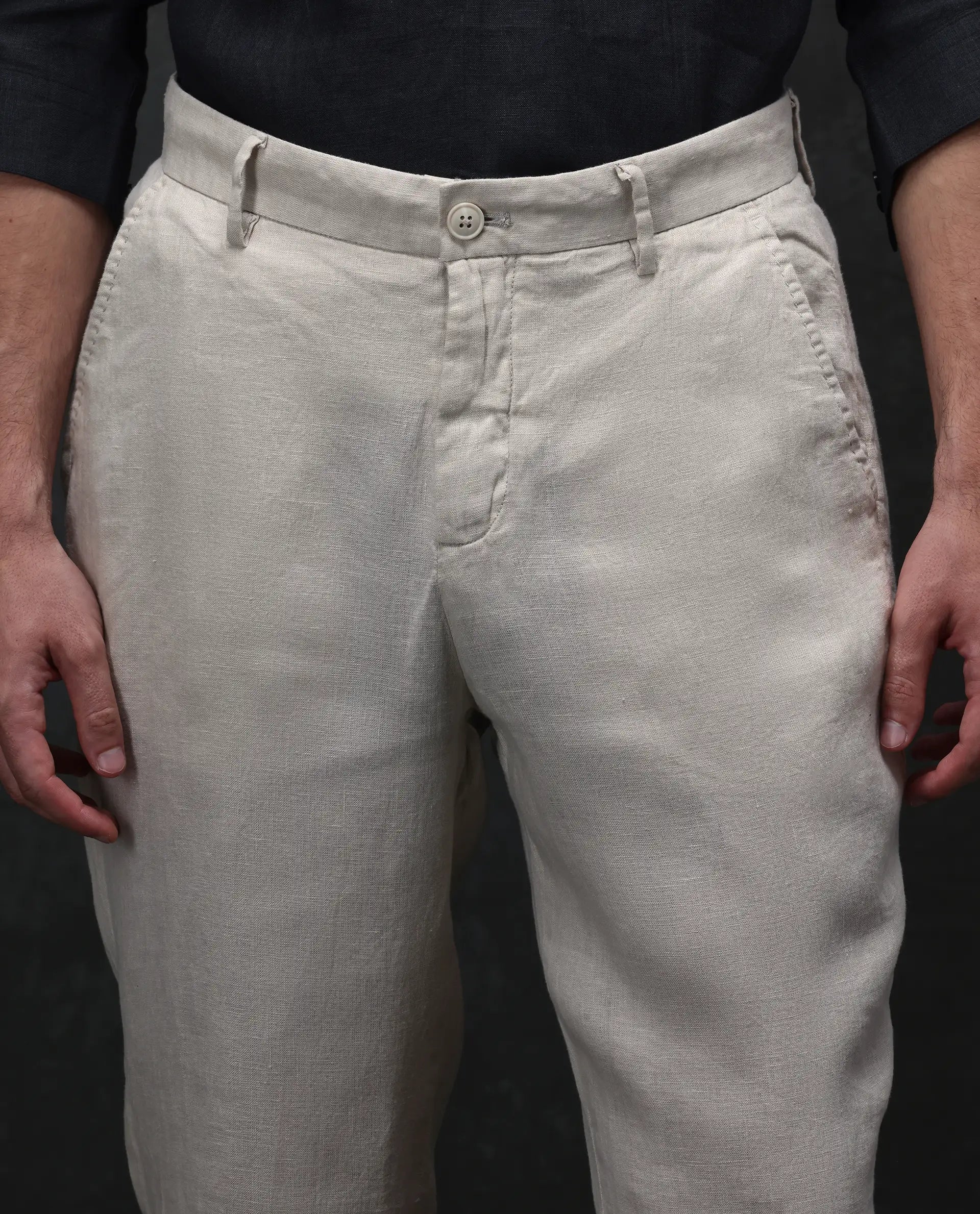 Rare Rabbit Men's Arcelo Beige 100% Linen Plain Regular Fit Trouser