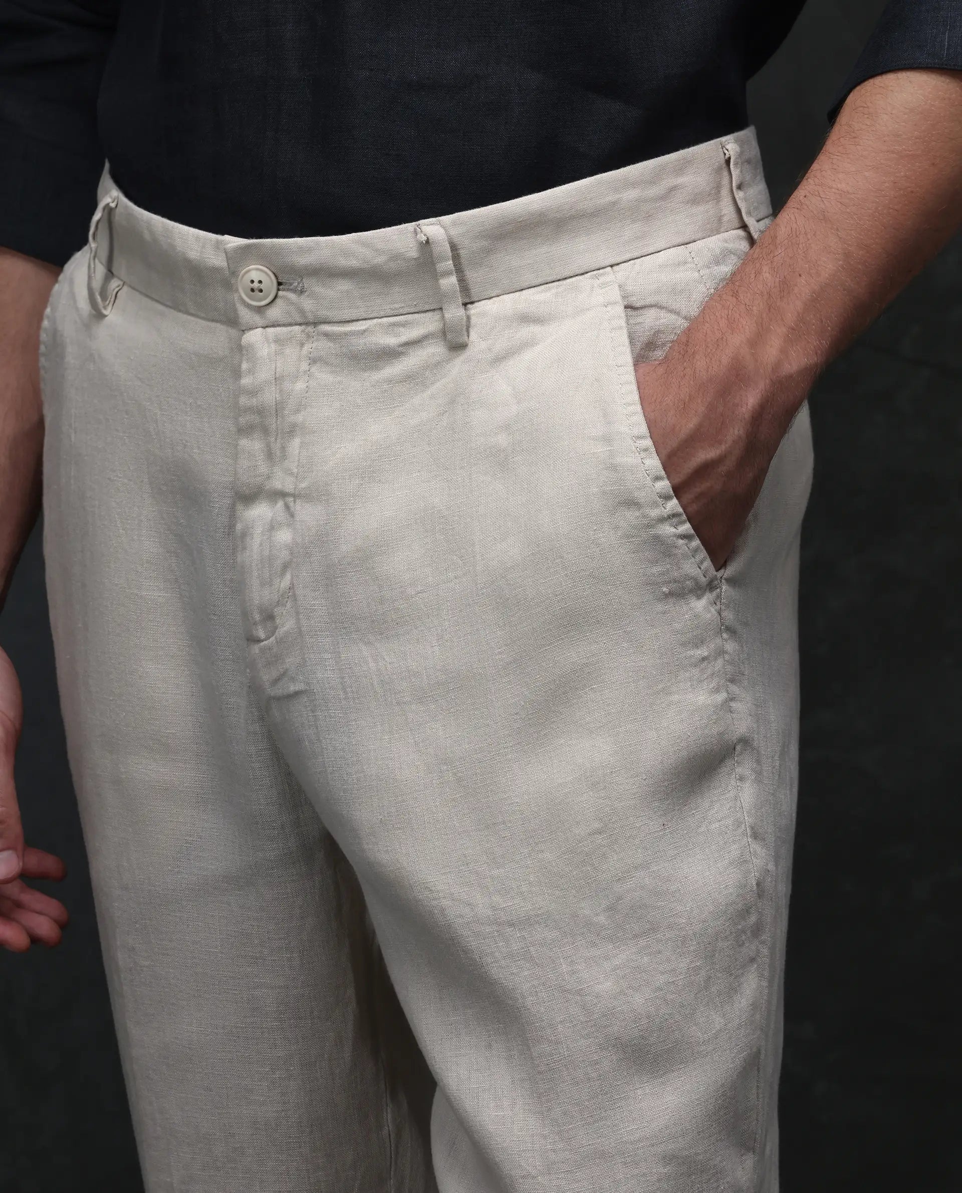 Rare Rabbit Men's Arcelo Beige 100% Linen Plain Regular Fit Trouser