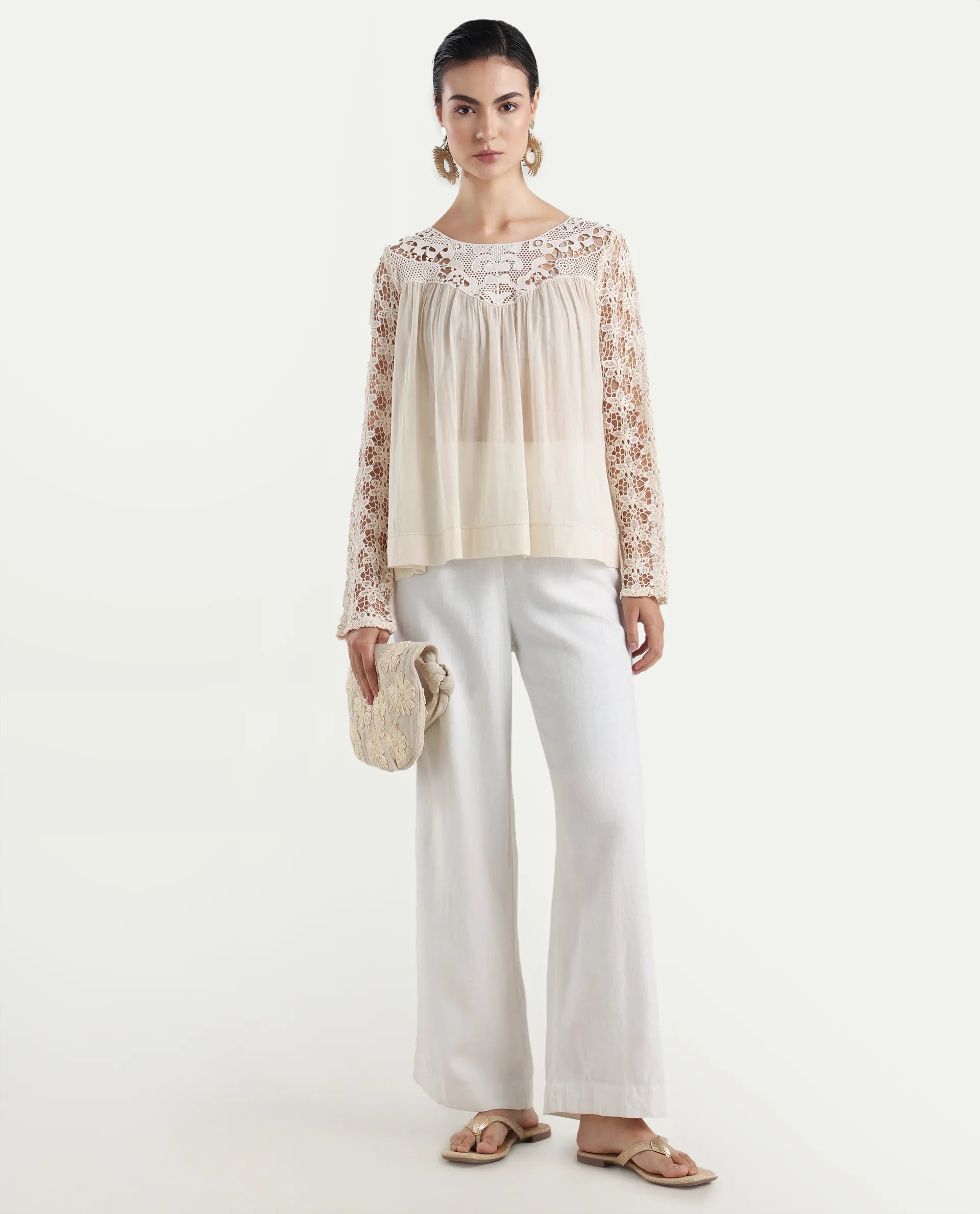 Rareism Women's Nora Light White Crew Neck Plain Raglan Sleeve Relaxed Fit Top