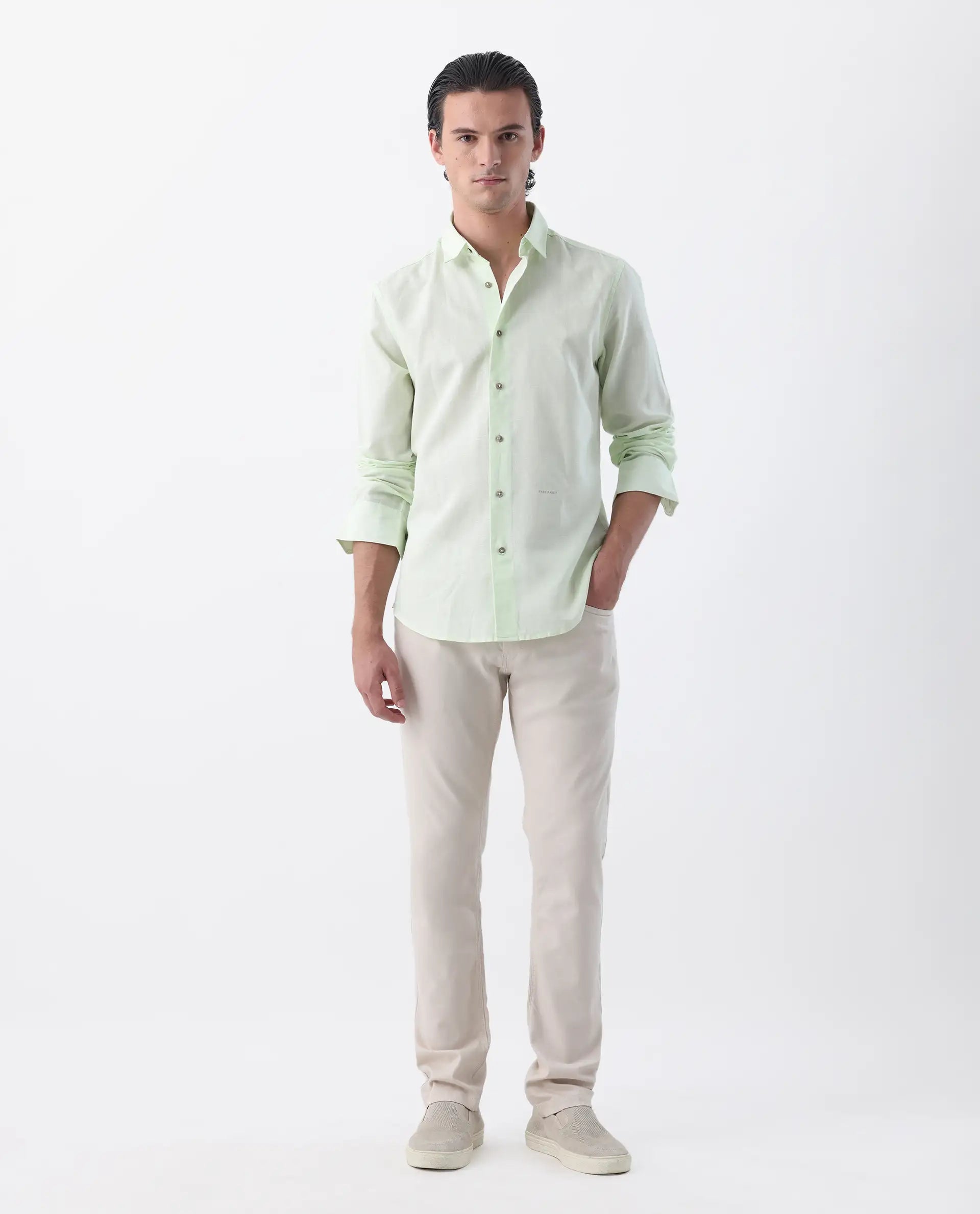 Rare Rabbit Men's Spoke 24 Light Beige Cotton Blend Plain Regular Fit Trouser