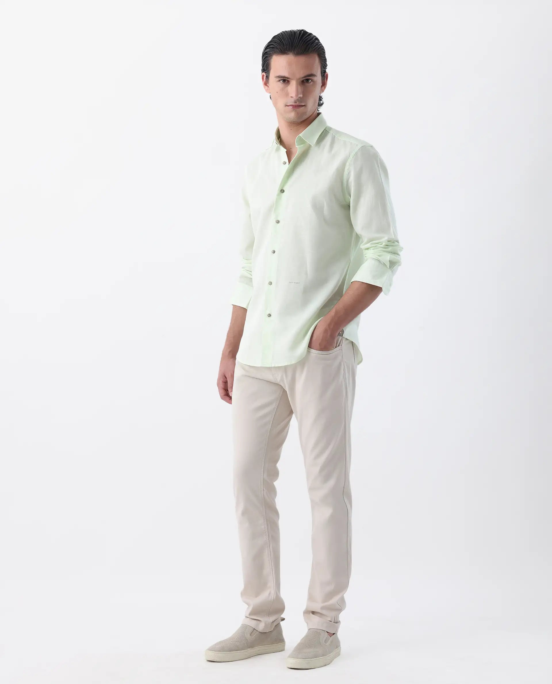 Rare Rabbit Men's Spoke 24 Light Beige Cotton Blend Plain Regular Fit Trouser