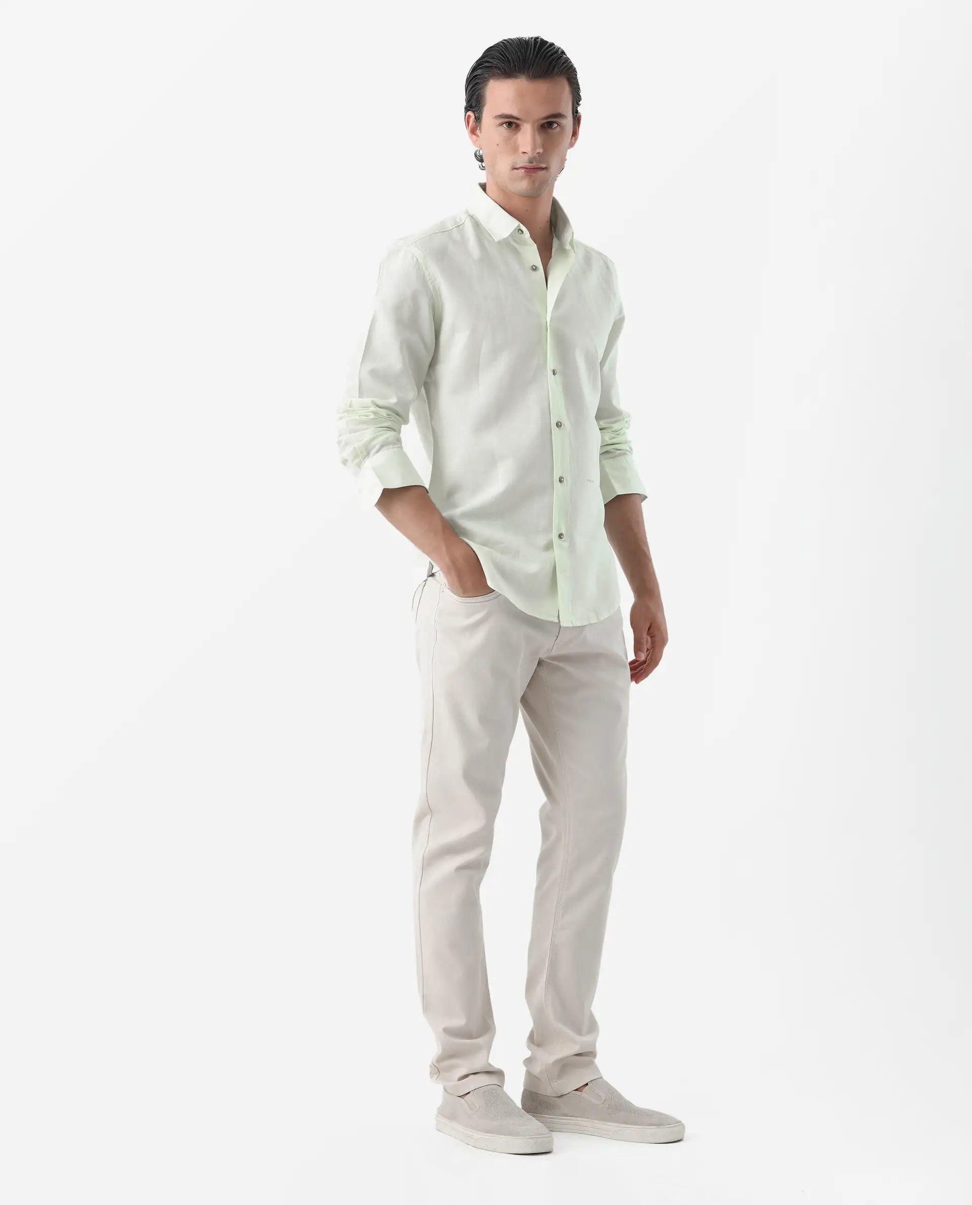 Rare Rabbit Men's Spoke 24 Light Beige Cotton Blend Plain Regular Fit Trouser