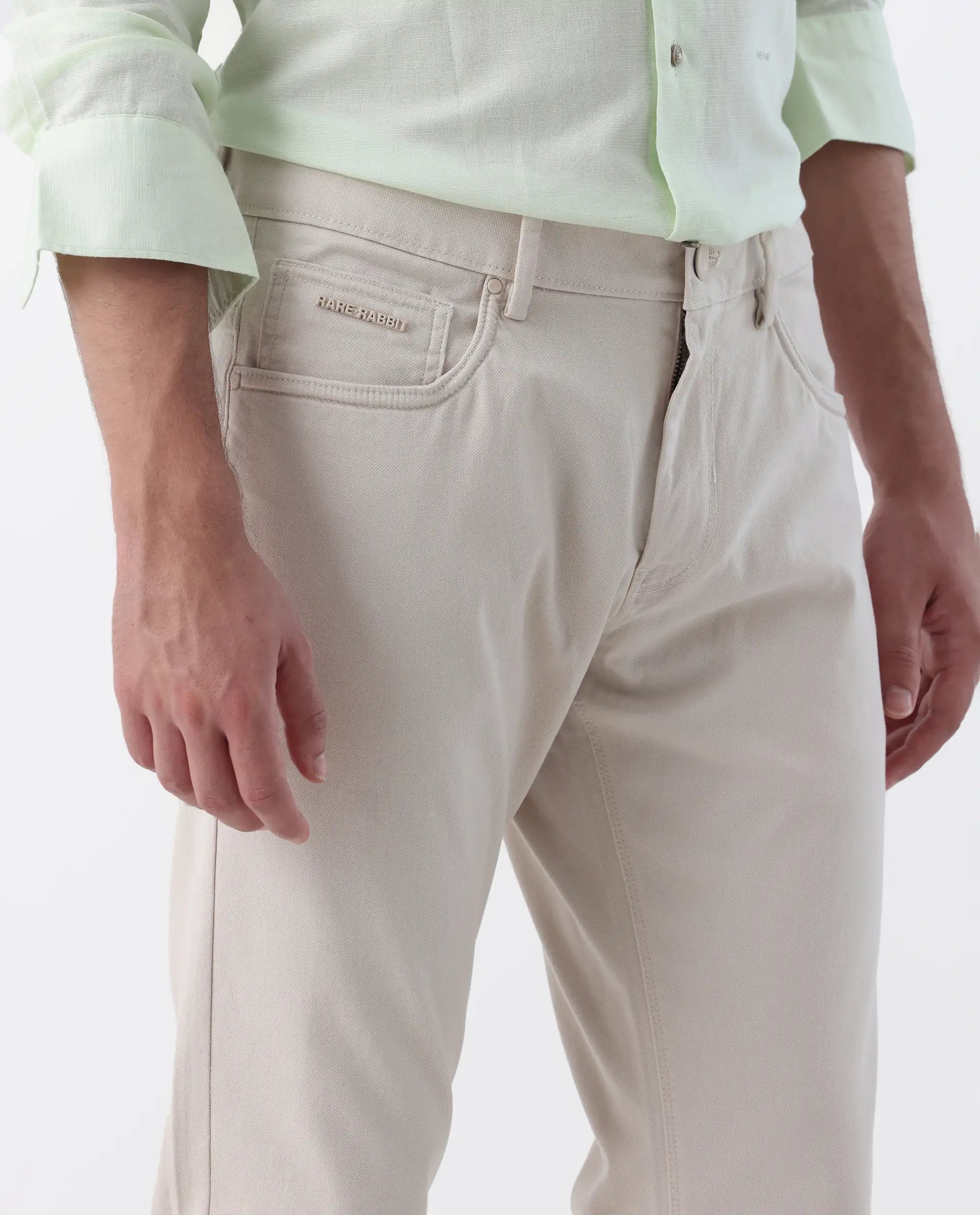 Rare Rabbit Men's Spoke 24 Light Beige Cotton Blend Plain Regular Fit Trouser