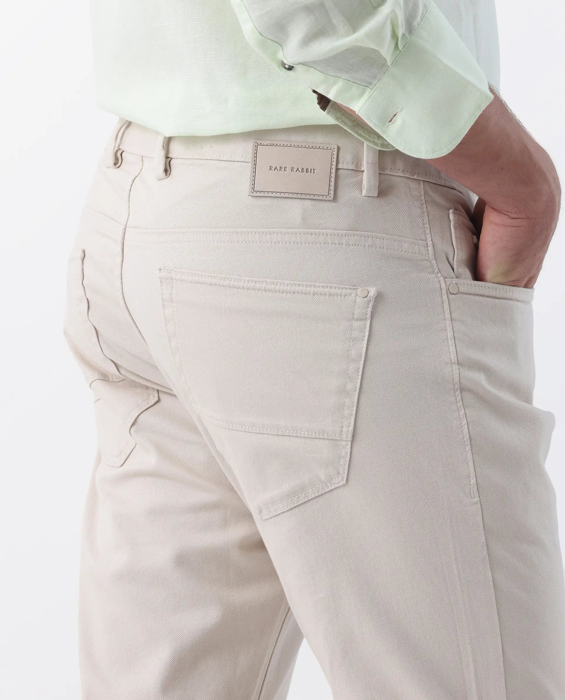 Rare Rabbit Men's Spoke 24 Light Beige Cotton Blend Plain Regular Fit Trouser