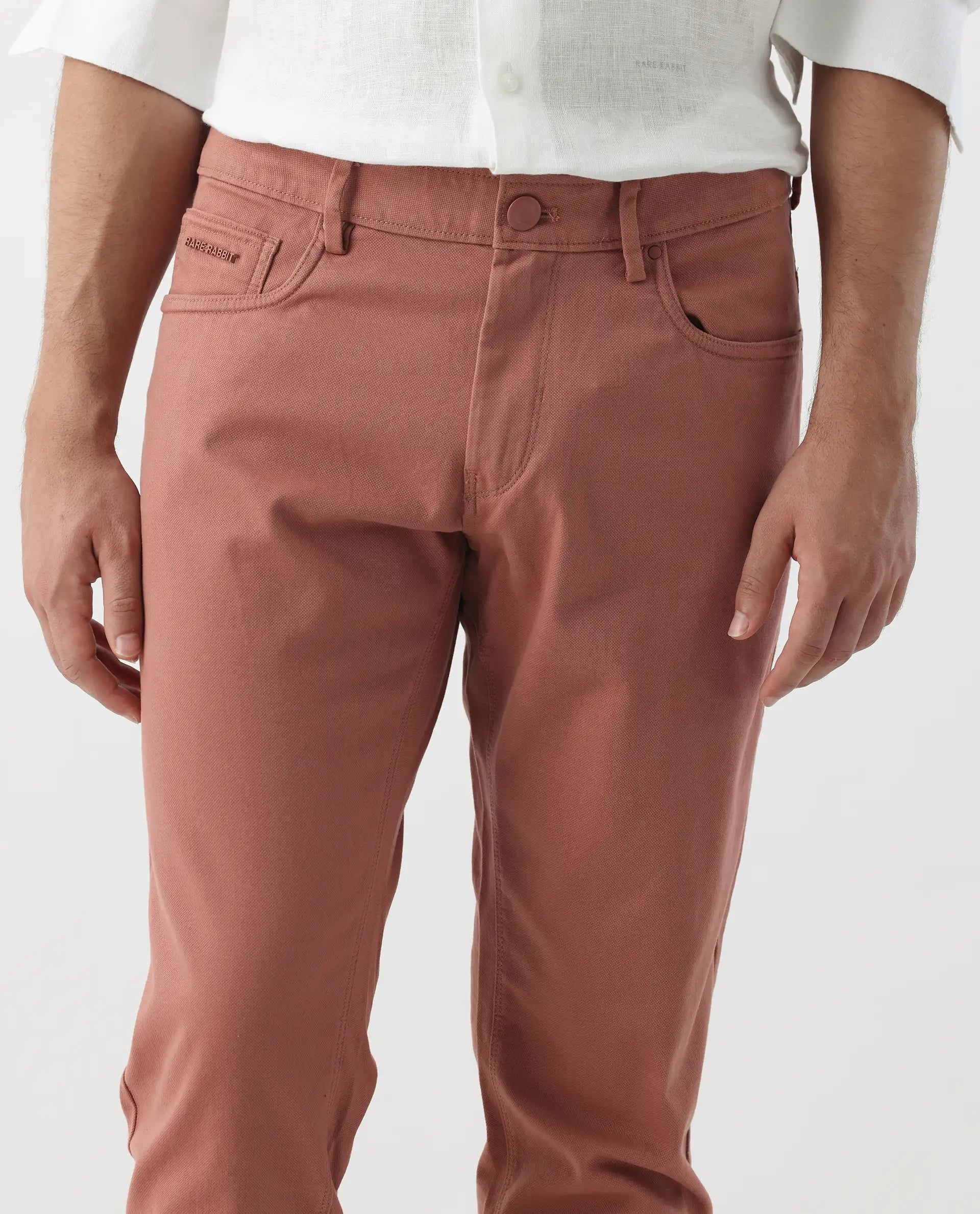 Rare Rabbit Men's Spoke 24 Rust Cotton Blend Plain Regular Fit Trouser