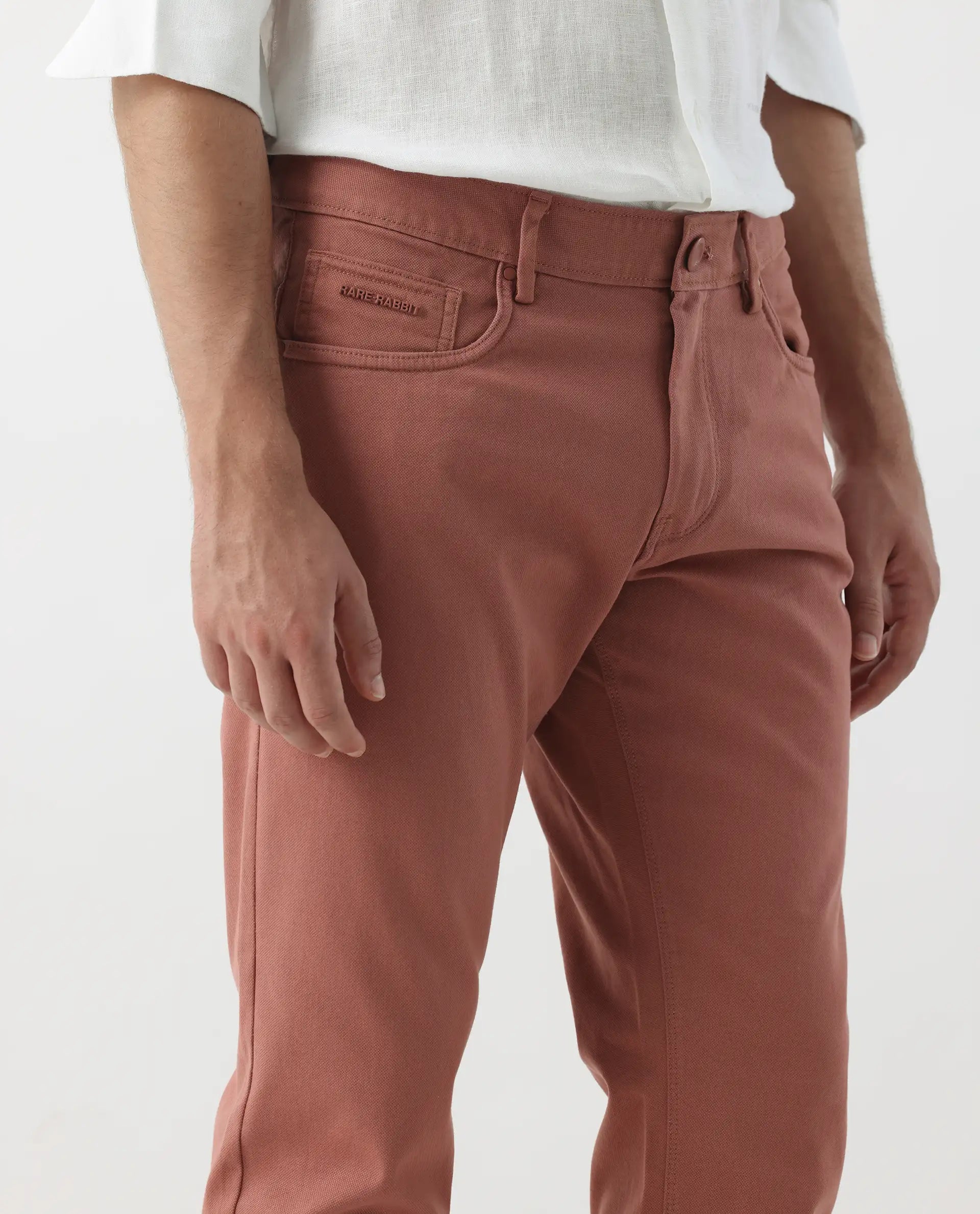 Rare Rabbit Men's Spoke 24 Rust Cotton Blend Plain Regular Fit Trouser