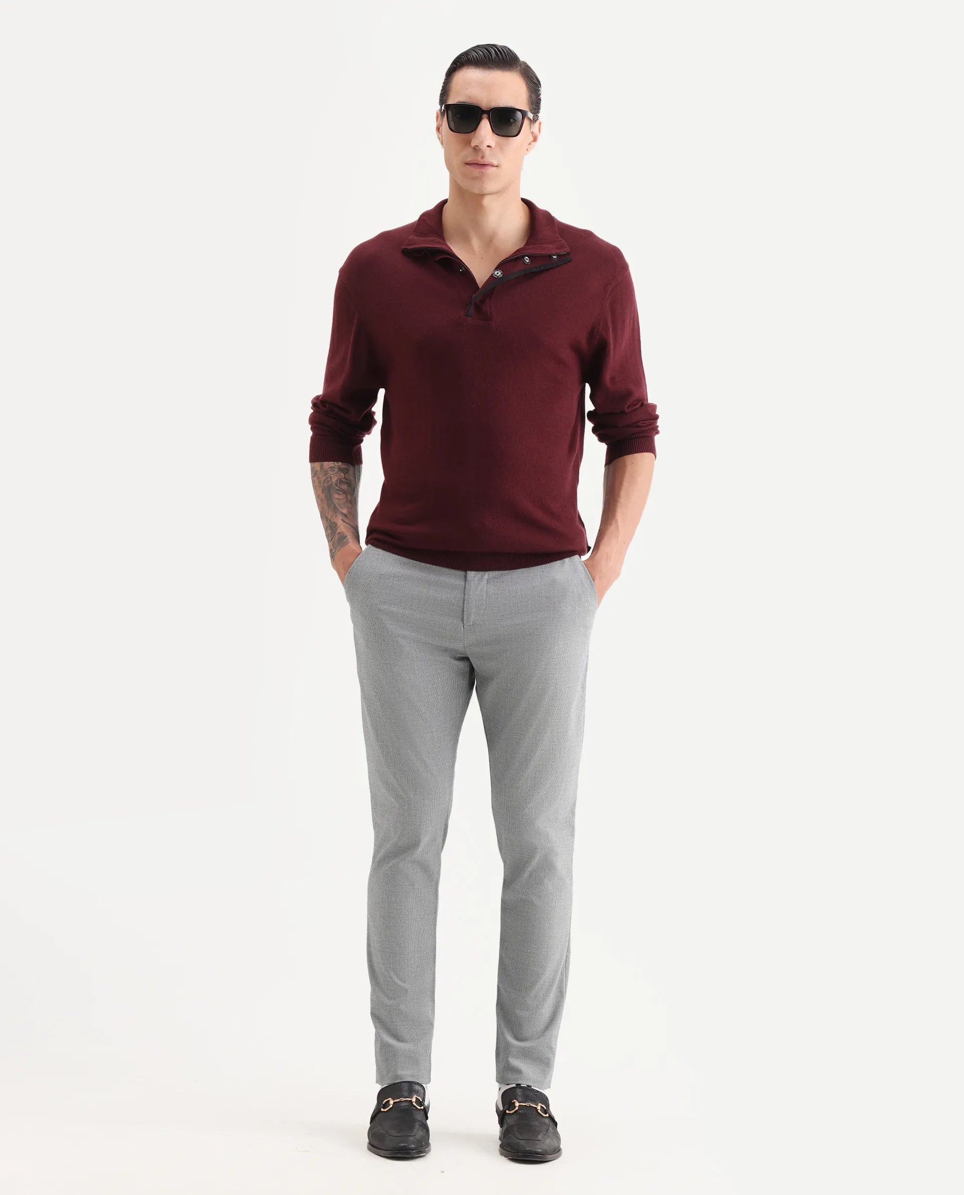 Rare Rabbit Men's Micra-1 Grey Cotton Blend Checked Print Regular Fit Trouser