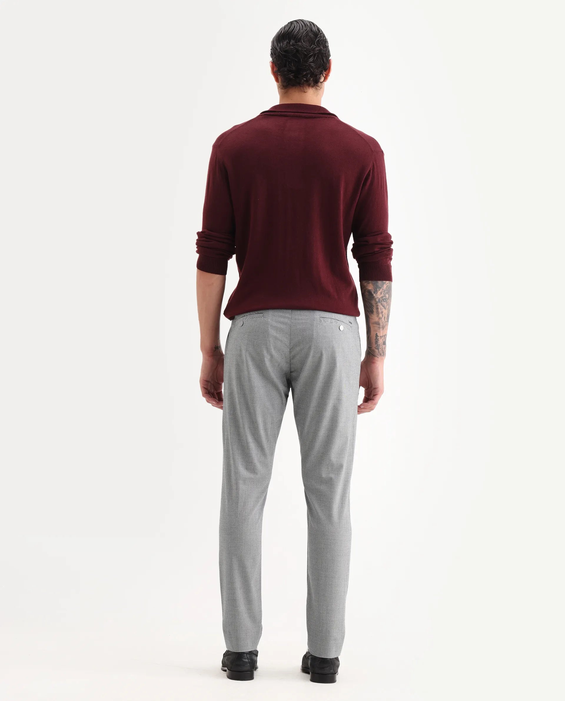 Rare Rabbit Men's Micra-1 Grey Cotton Blend Checked Print Regular Fit Trouser