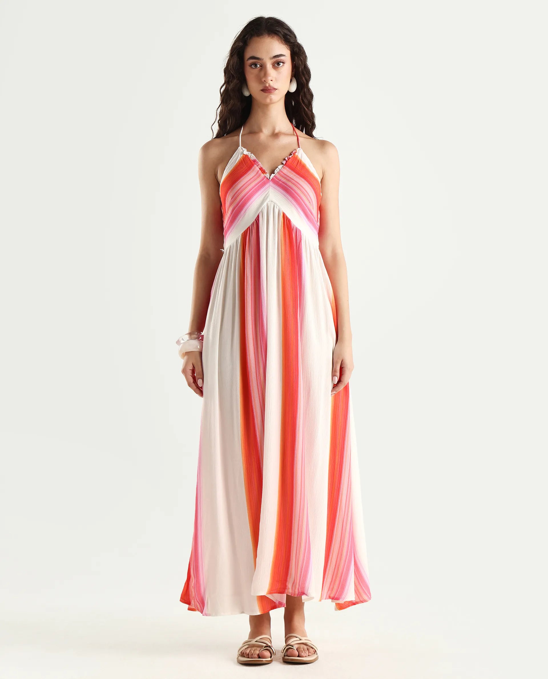 Rareism Women's Muse Multi Viscose Halter Neck Striped Sleeveless Maxi Fit And Flare Dress