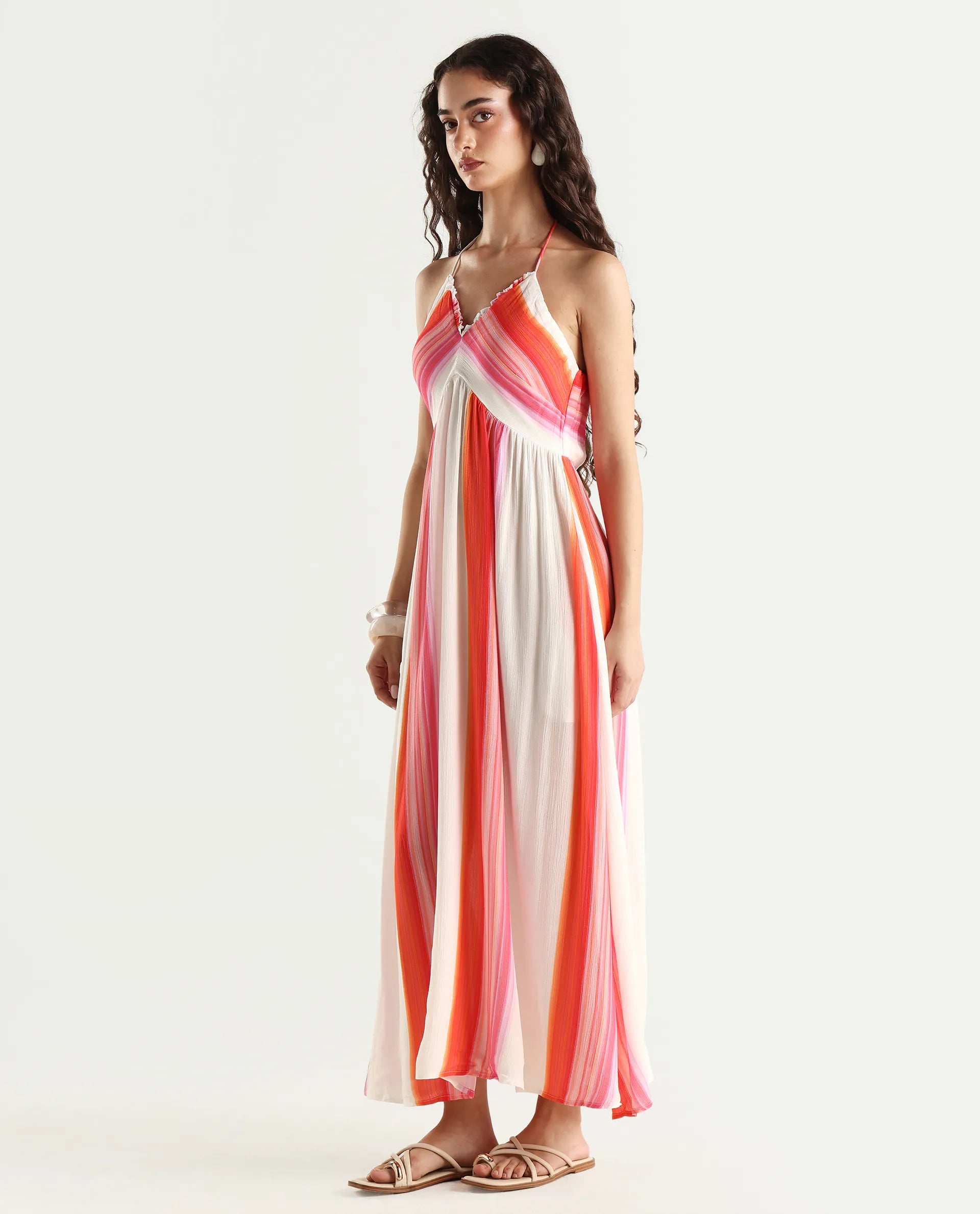 Rareism Women's Muse Multi Viscose Halter Neck Striped Sleeveless Maxi Fit And Flare Dress