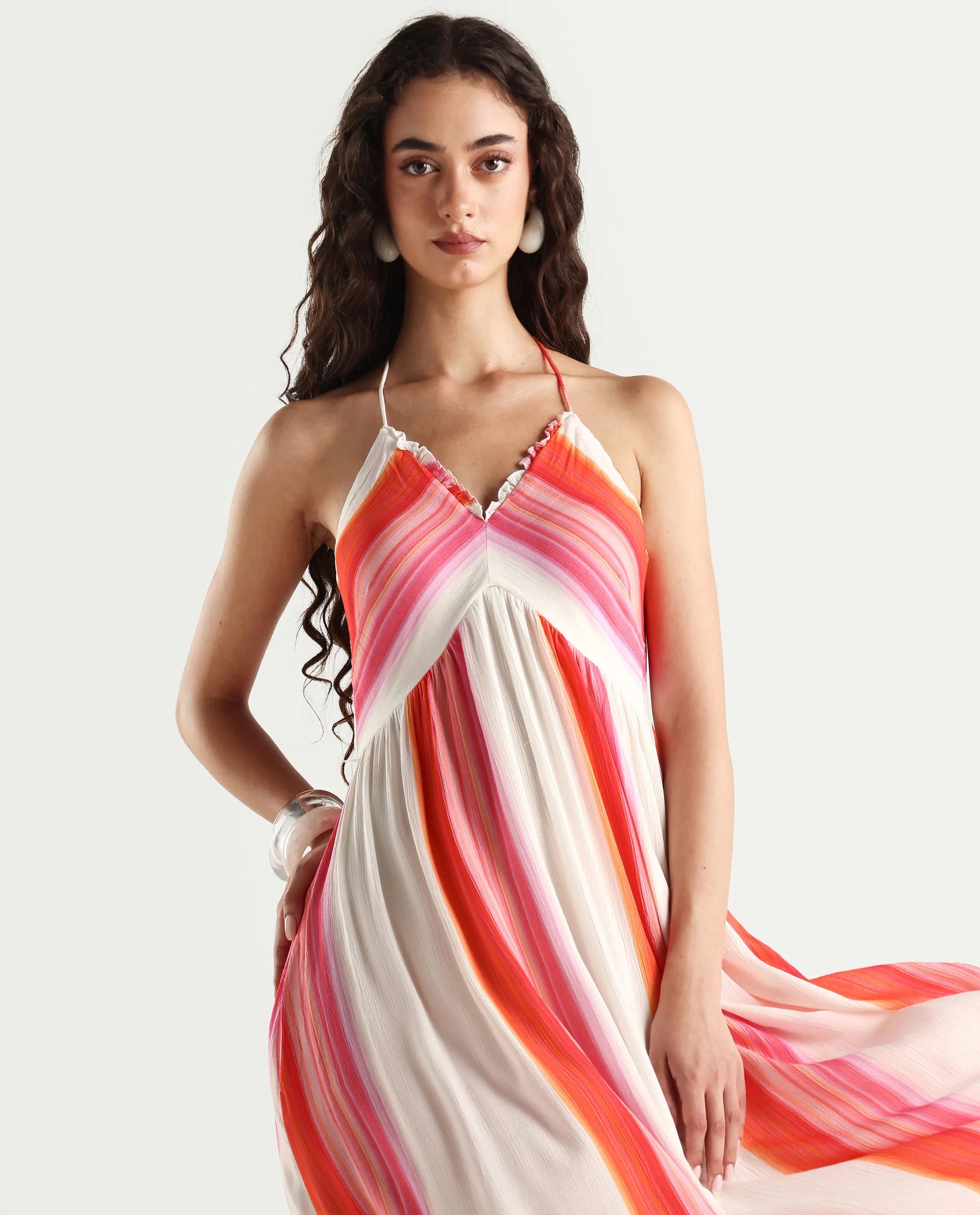 Rareism Women's Muse Multi Viscose Halter Neck Striped Sleeveless Maxi Fit And Flare Dress