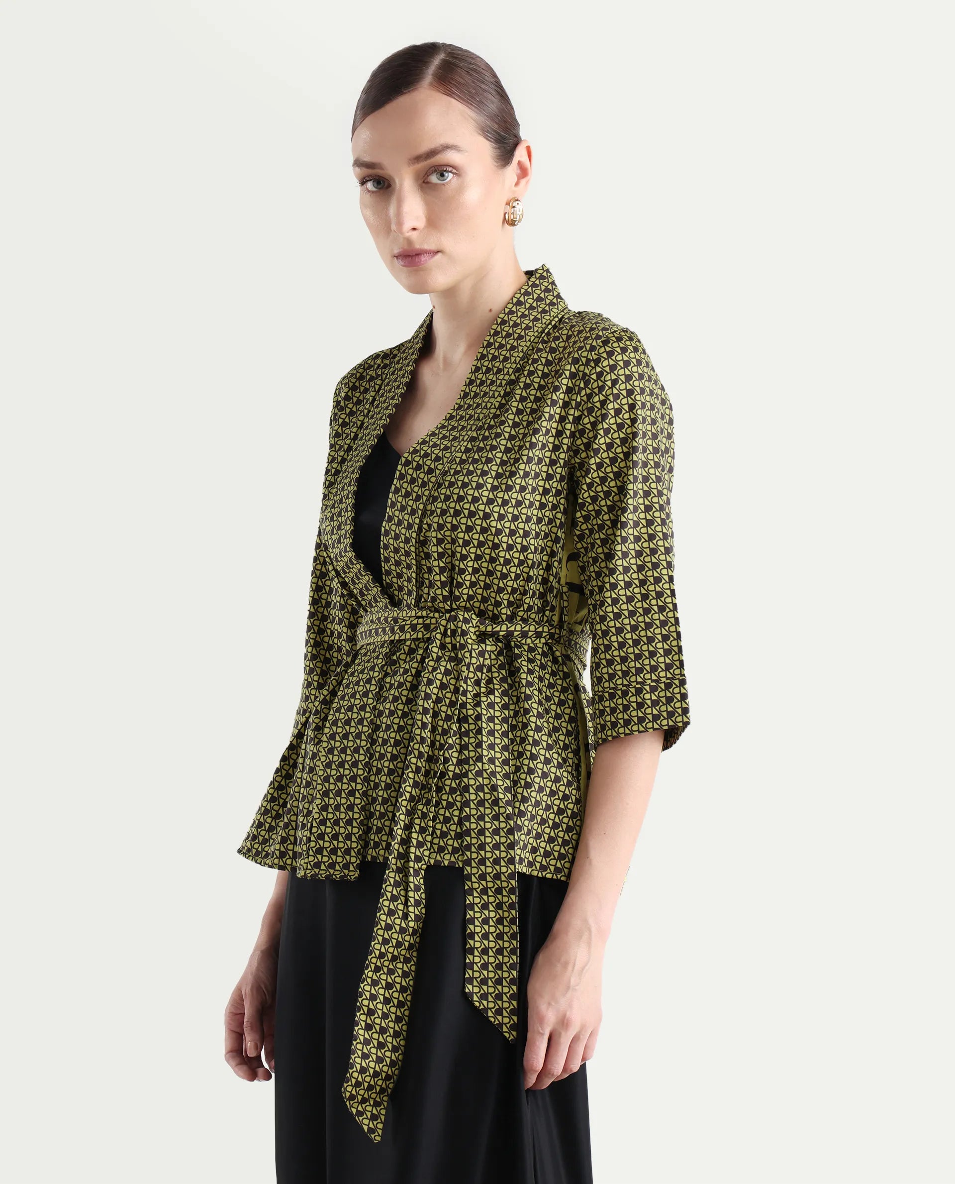 Rareism Women's Geomo-T Yellow Cotton Overlap Neck Monogram Print Regular Fit Shrug