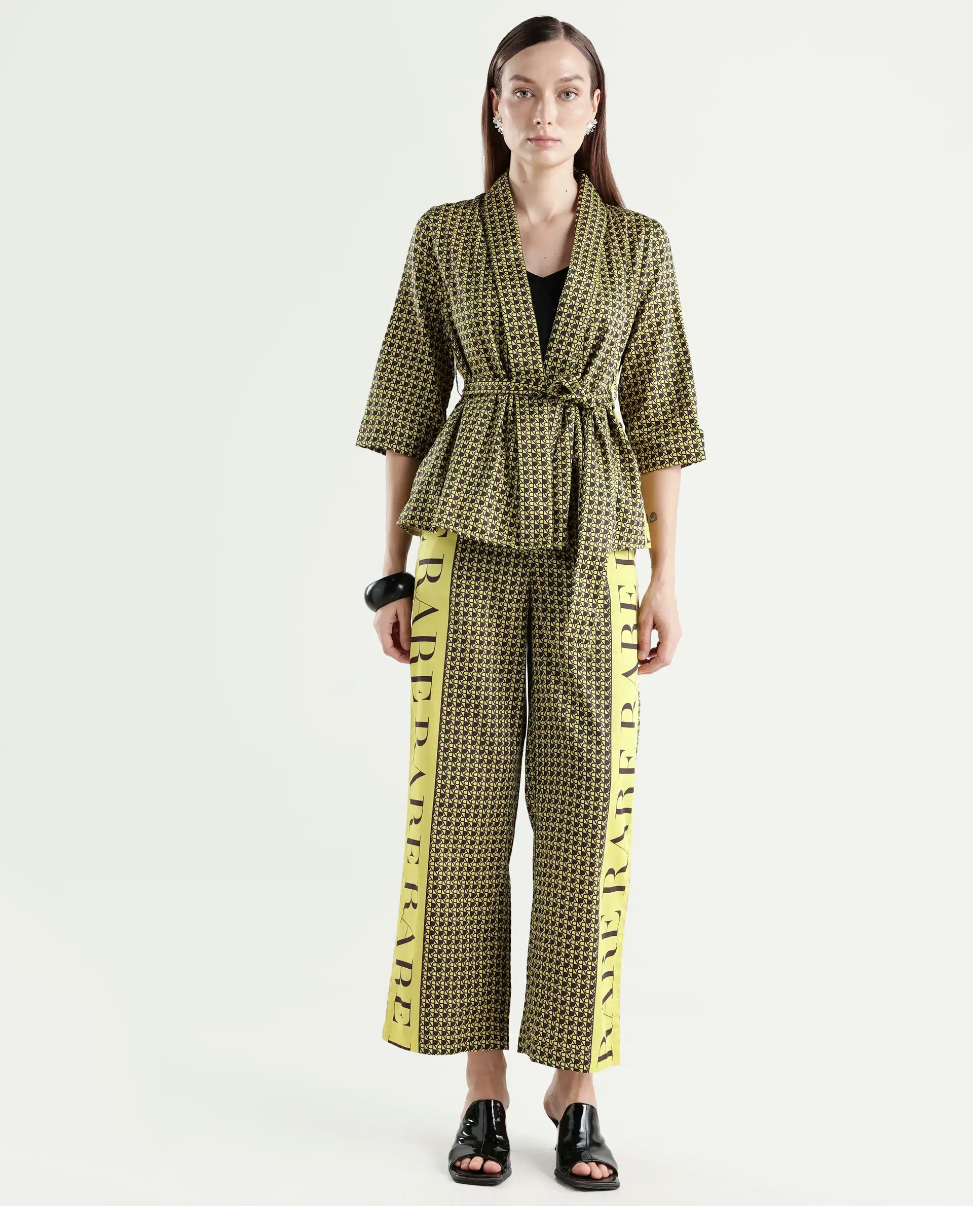 Rareism Women's Geomo-B Yellow Cotton Blend Monogram Print Ankle Length Straight Fit Trouser