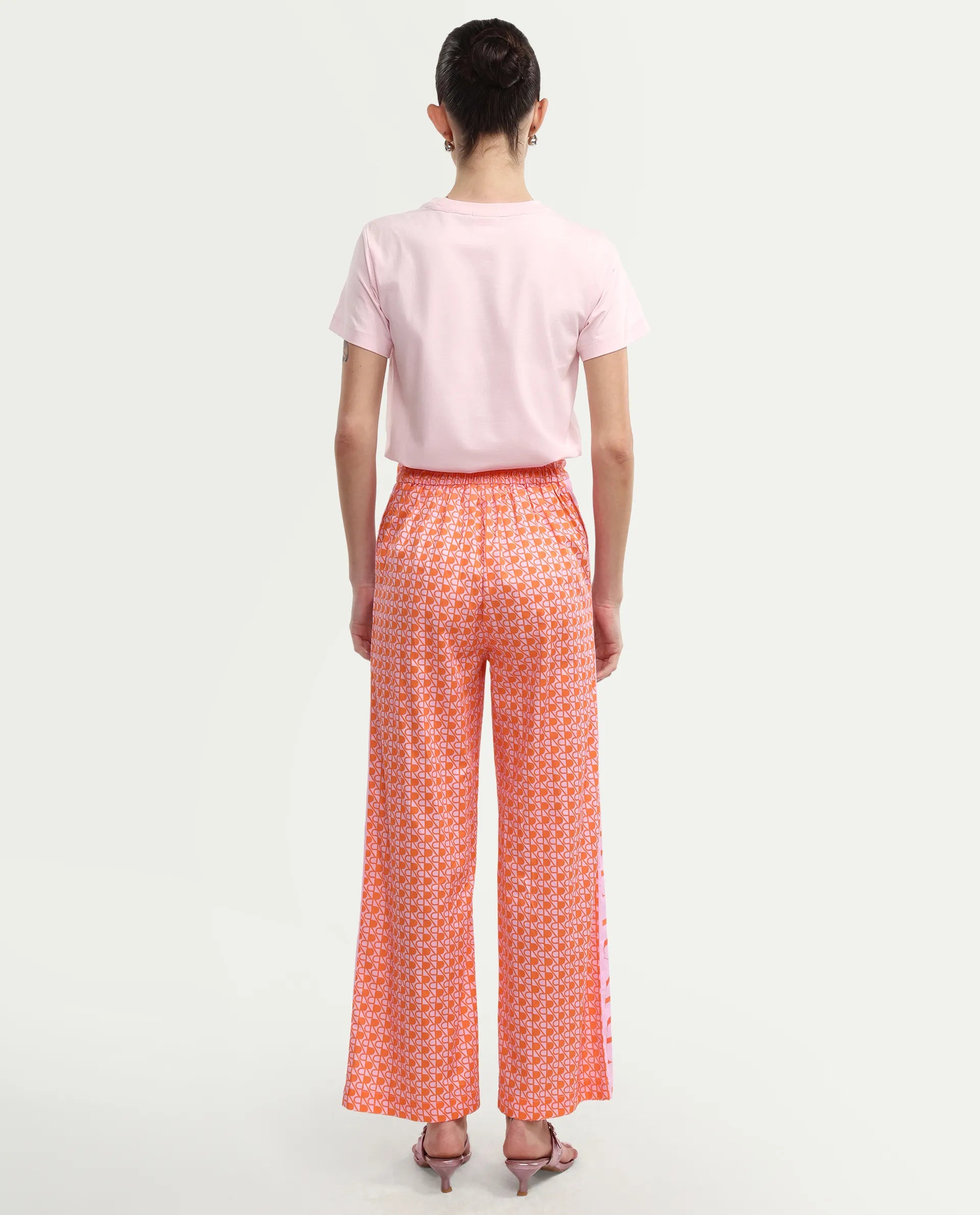 Rareism Women's Zyon-B Pink Cotton Monogram Print Ankle Length Straight Fit Trouser