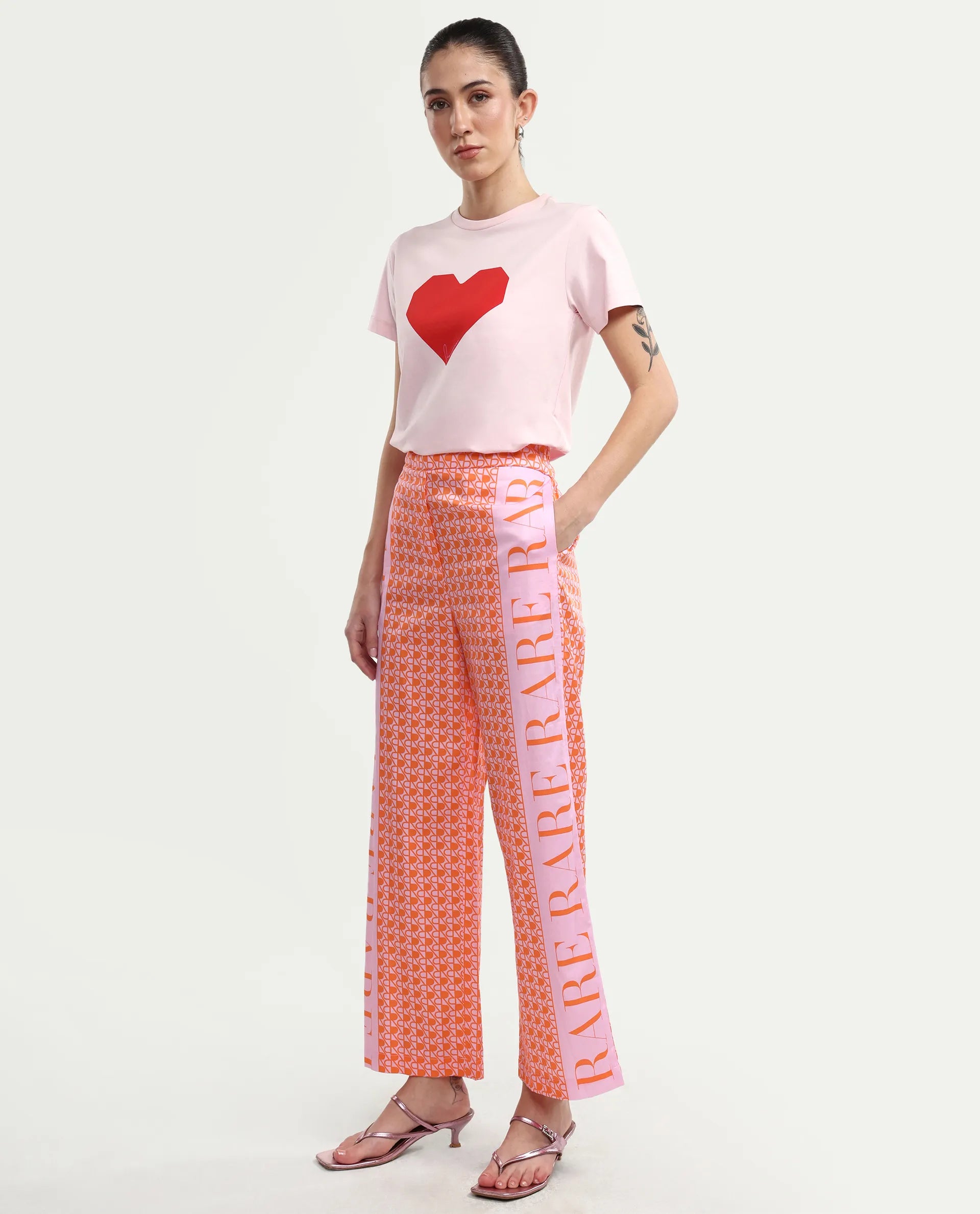 Rareism Women's Zyon-B Pink Cotton Monogram Print Ankle Length Straight Fit Trouser