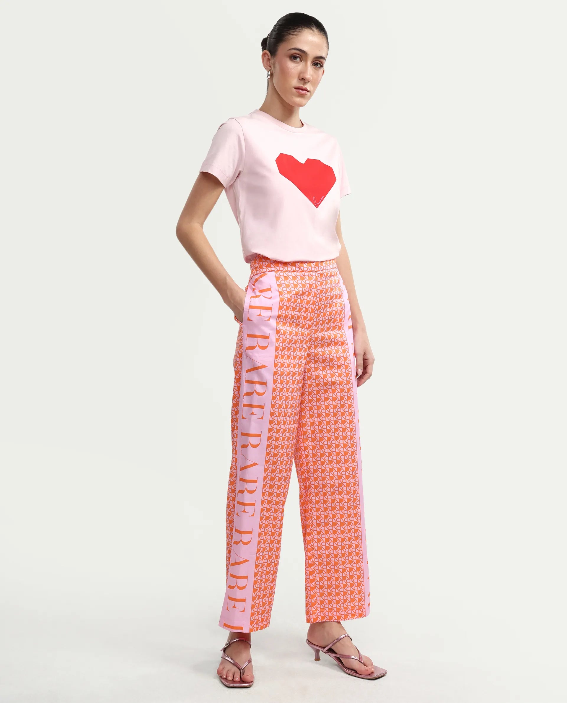 Rareism Women's Zyon-B Pink Cotton Monogram Print Ankle Length Straight Fit Trouser