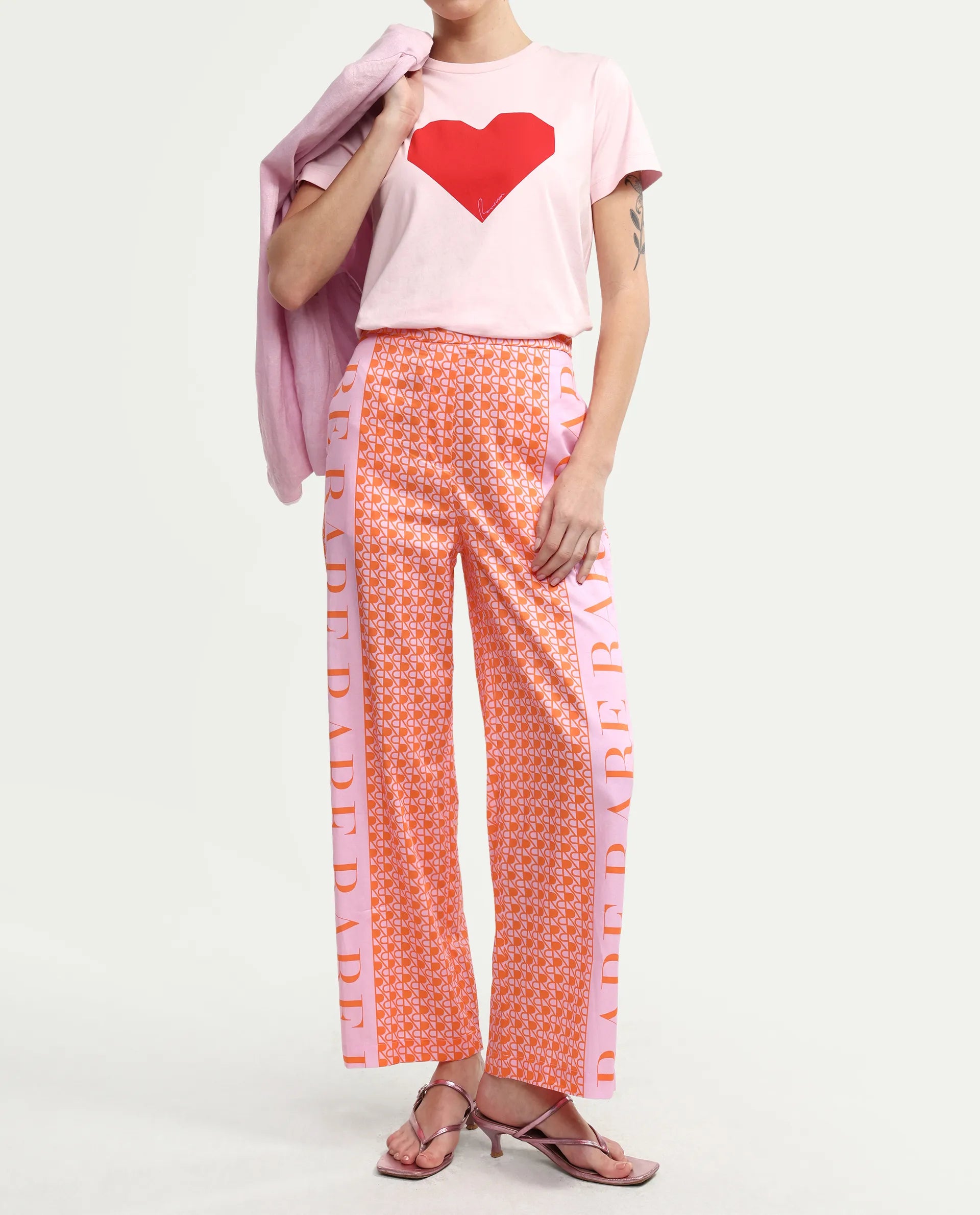 Rareism Women's Zyon-B Pink Cotton Monogram Print Ankle Length Straight Fit Trouser