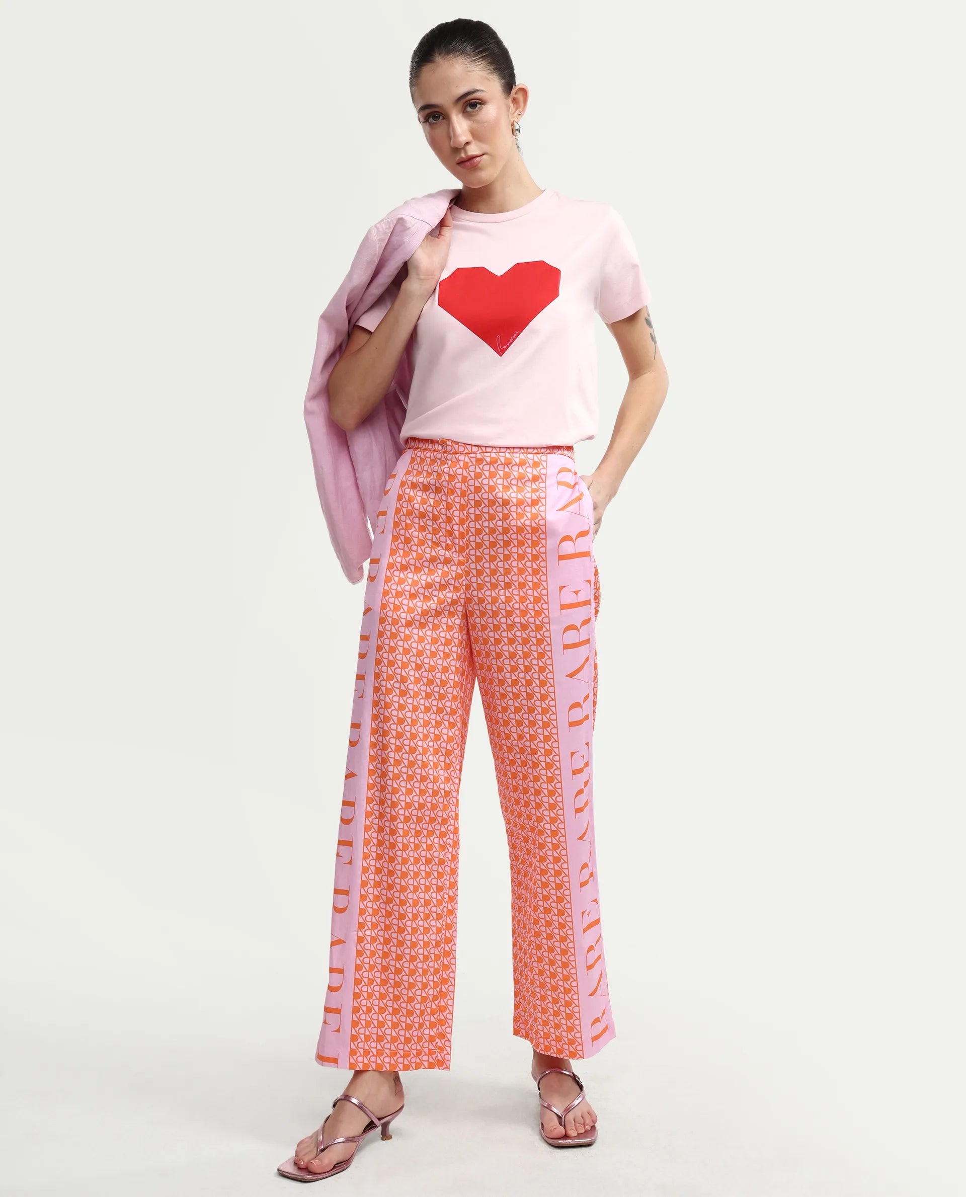 Rareism Women's Zyon-B Pink Cotton Monogram Print Ankle Length Straight Fit Trouser