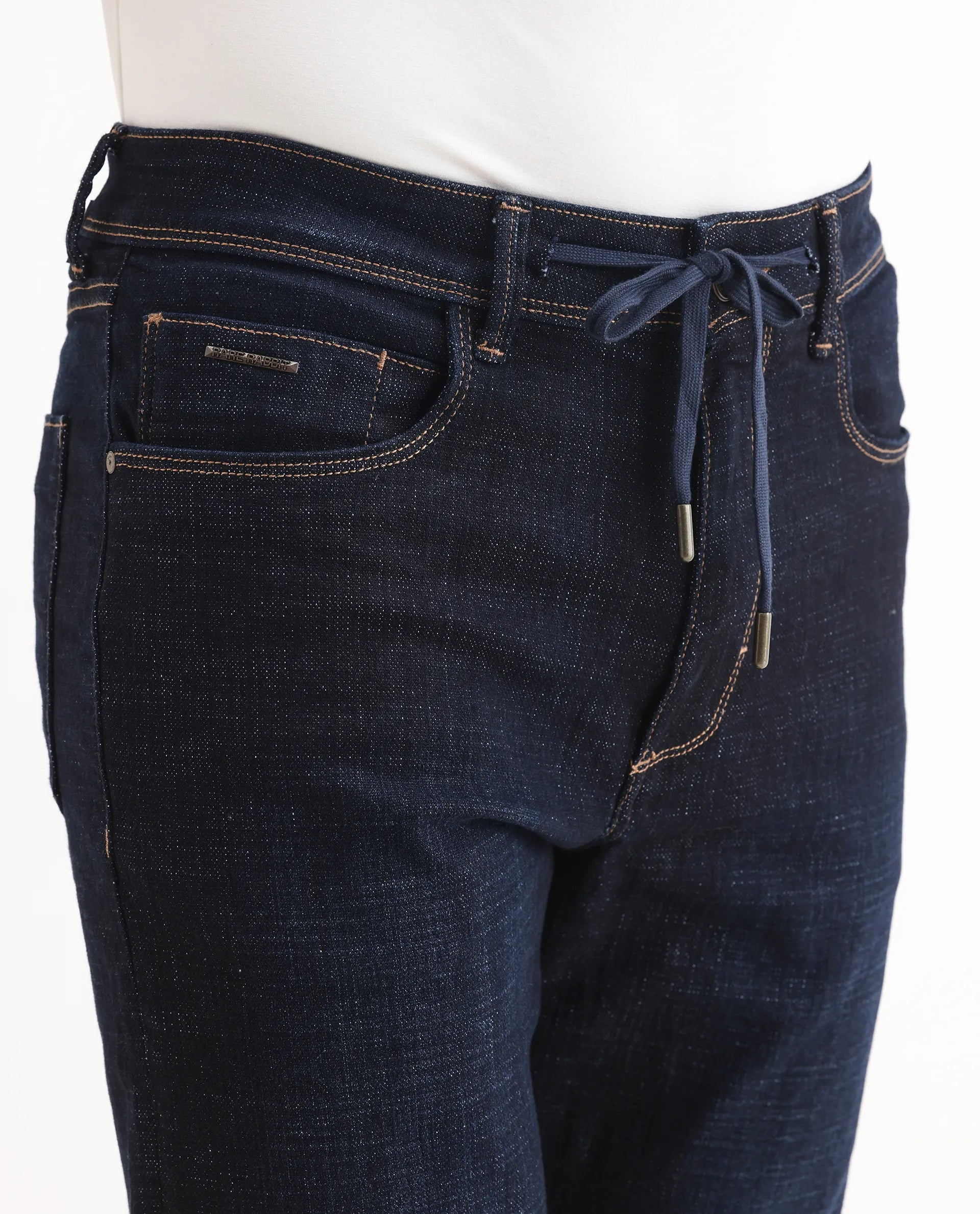 Rare Rabbit Men's Hayk Dark Blue Cotton Blend Plain Morris Regular Fit Jeans