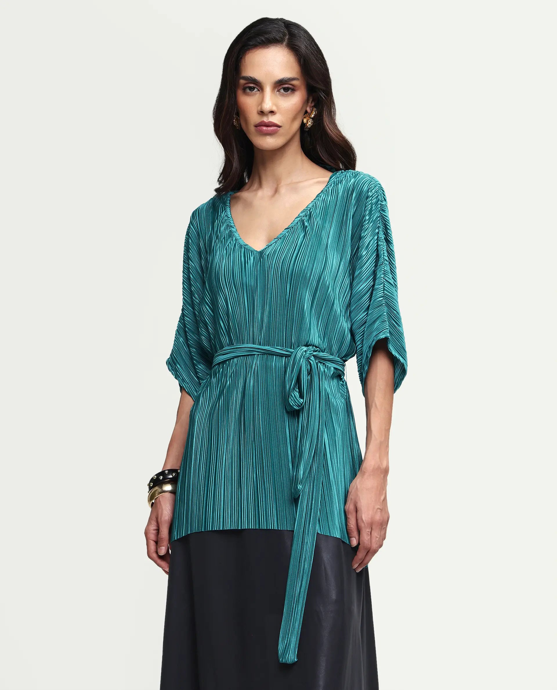 Rareism Women's Belgarde-T Petrol Polyester V-Neck Plain Extended Sleeves Relaxed Fit Top