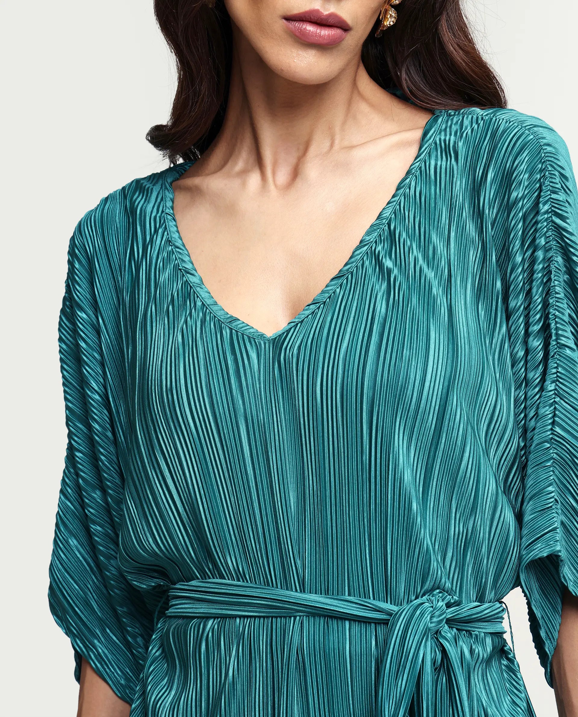Rareism Women's Belgarde-T Petrol Polyester V-Neck Plain Extended Sleeves Relaxed Fit Top