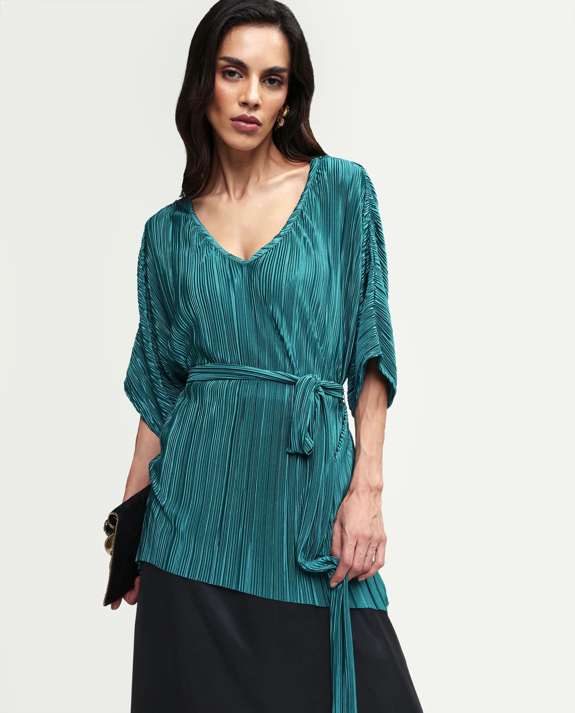 Rareism Women's Belgarde-T Petrol Polyester V-Neck Plain Extended Sleeves Relaxed Fit Top