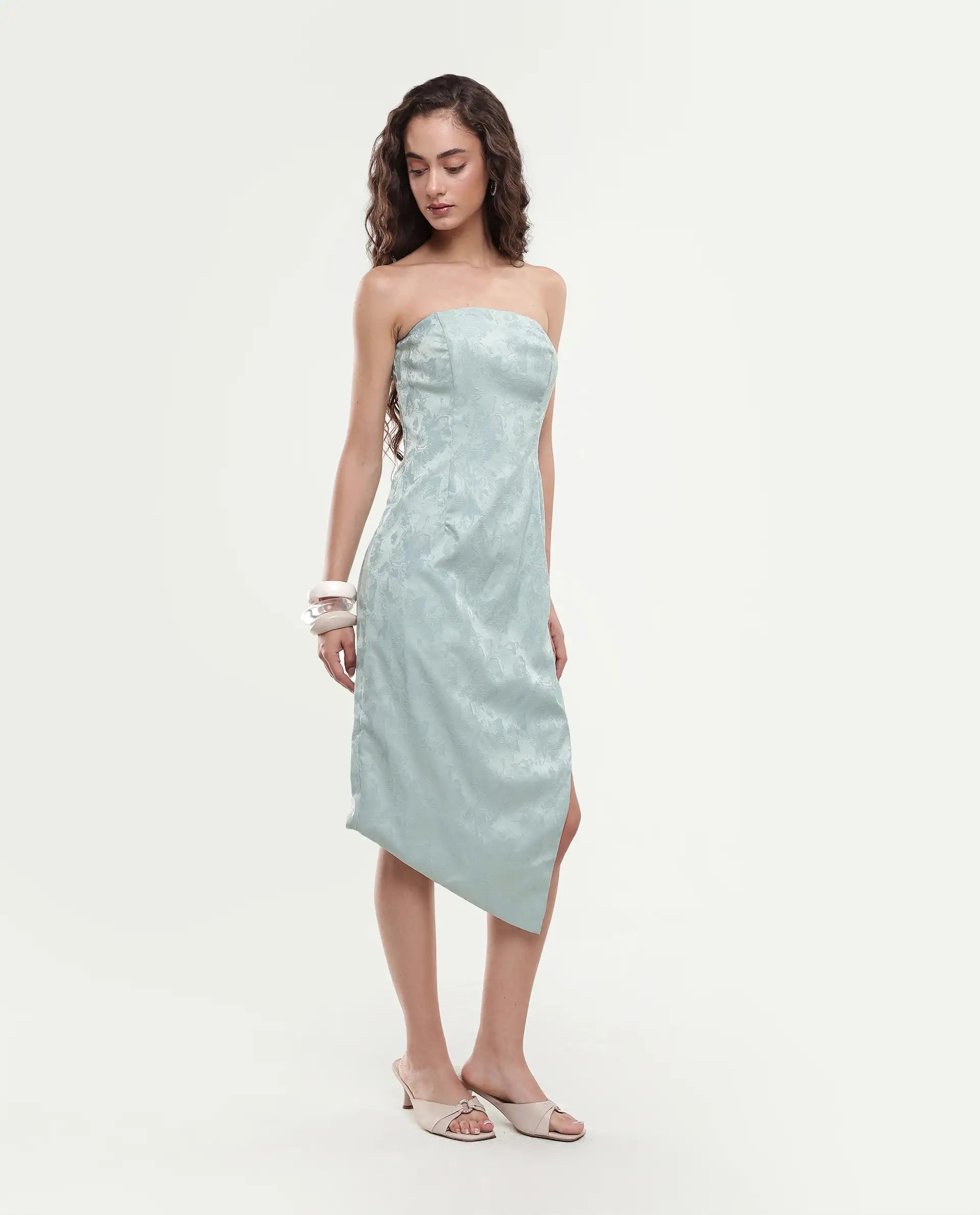 Rareism Women's Krakow Light Blue Polyester Shoulder Strap Plain Sleeveless Knee Length Bodycon Dress