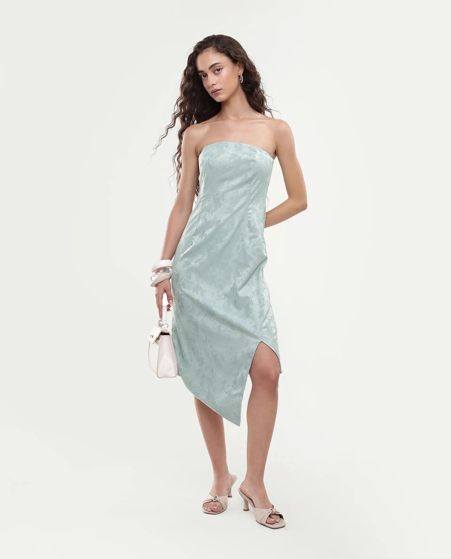 Rareism Women's Krakow Light Blue Polyester Shoulder Strap Plain Sleeveless Knee Length Bodycon Dress