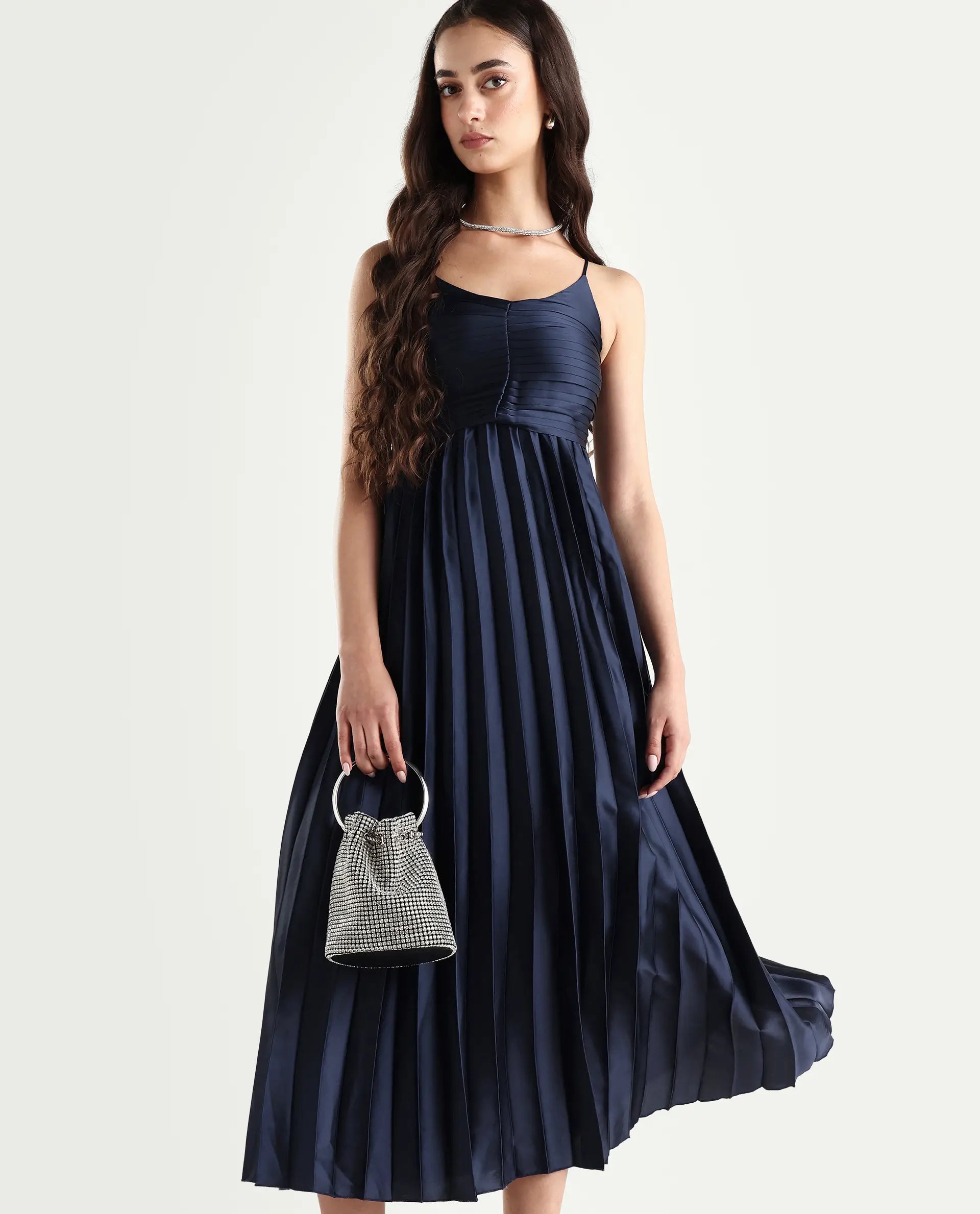 Rareism Women's Montreal Metallic Navy Shoulder Strap Plain Shoulder Strap Midi Fit And Flare Dress