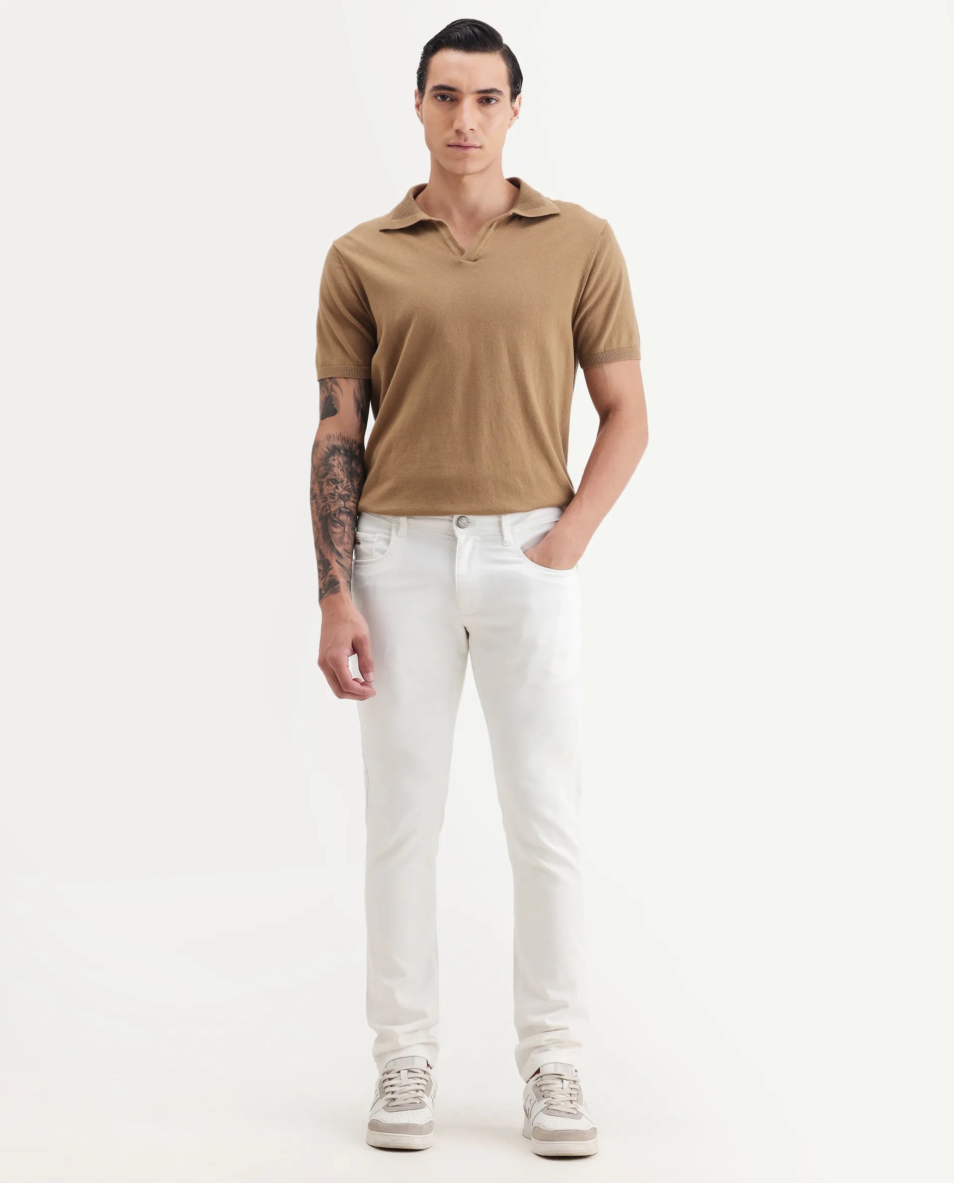 Rare Rabbit Men's Rivol Off White Cotton Blend Plain Hawk Slim Fit Jeans