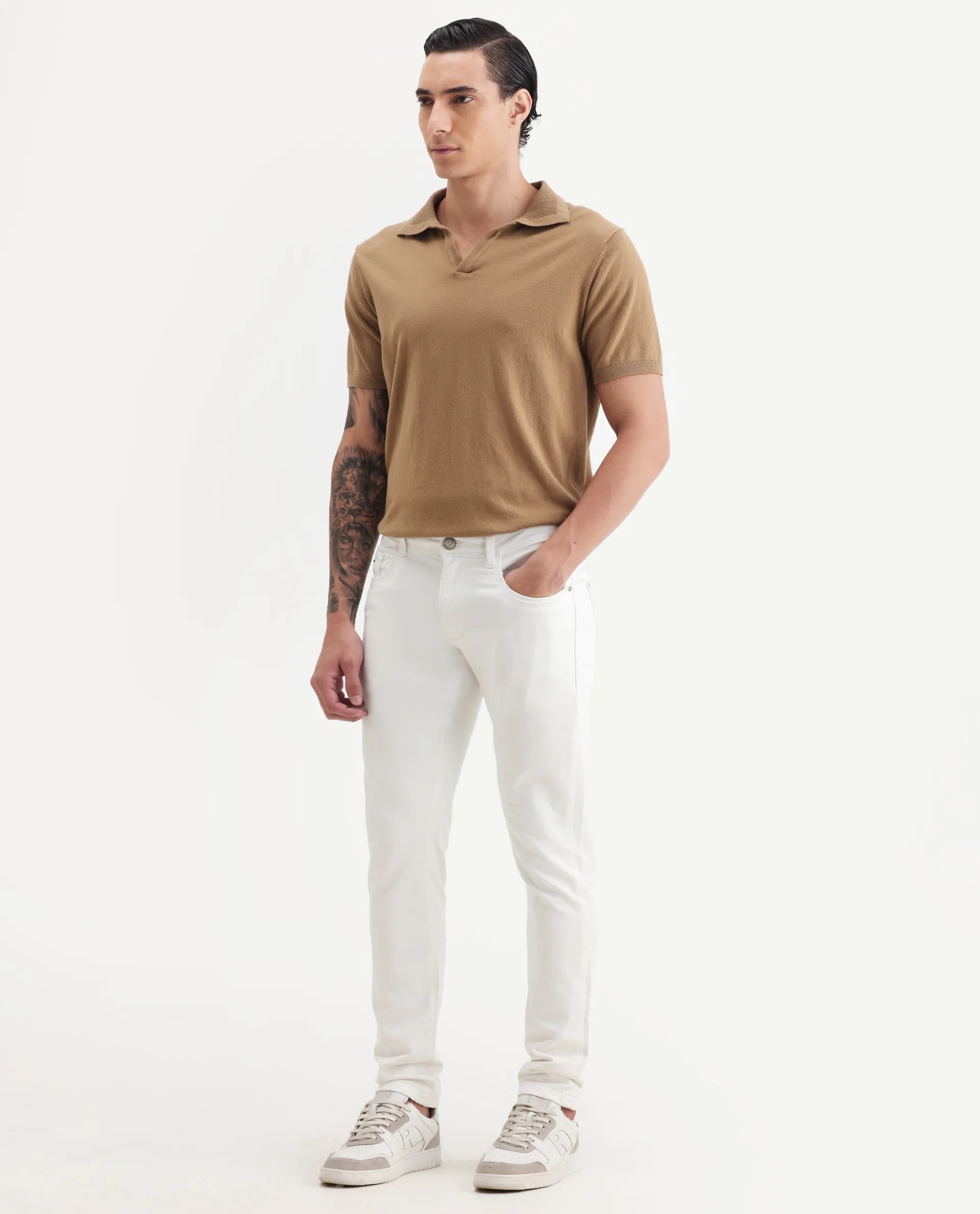 Rare Rabbit Men's Rivol Off White Cotton Blend Plain Hawk Slim Fit Jeans