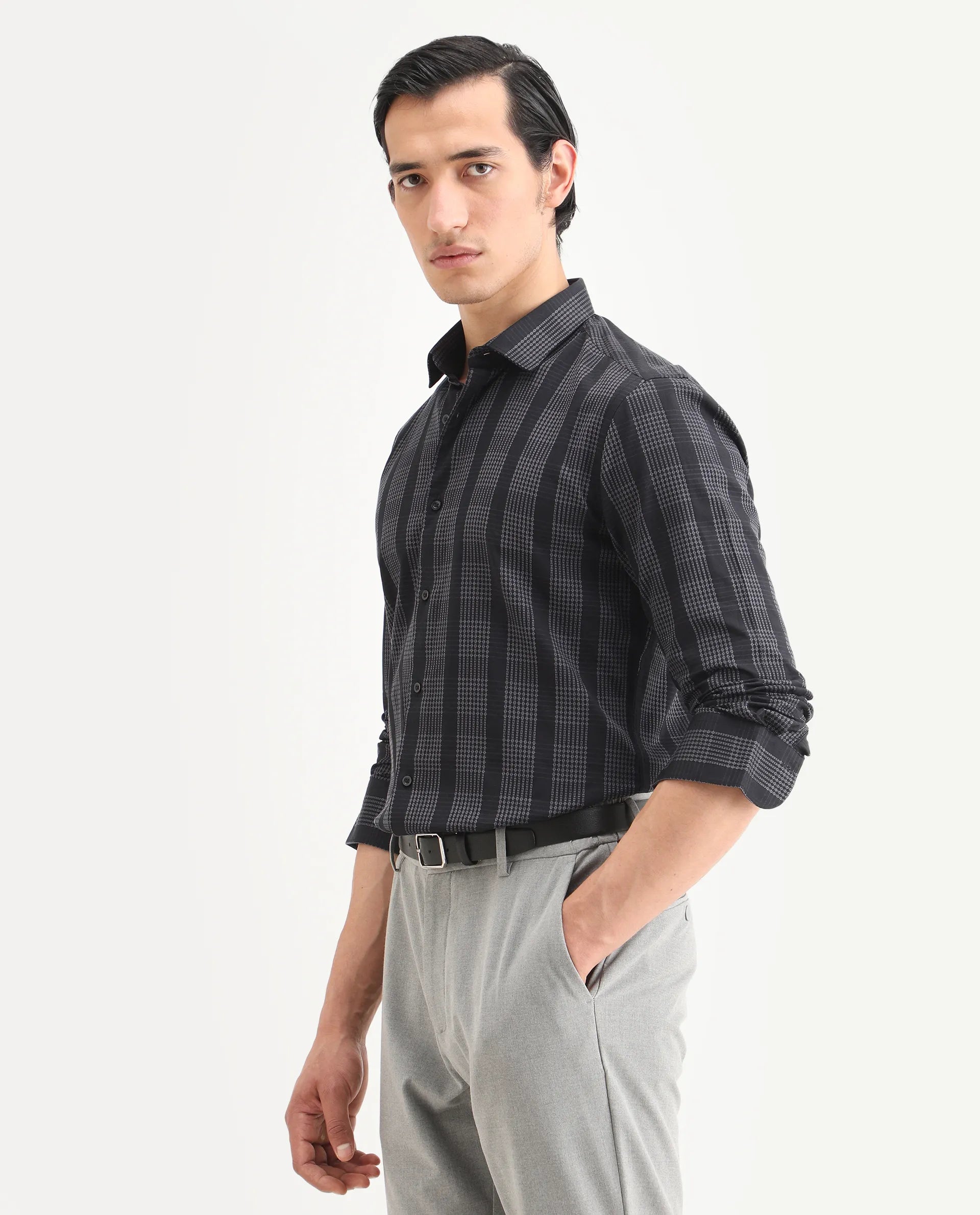Rare Rabbit Men's Villum Black Cotton Embroidered Regular Fit Full Sleeve Collared Shirt