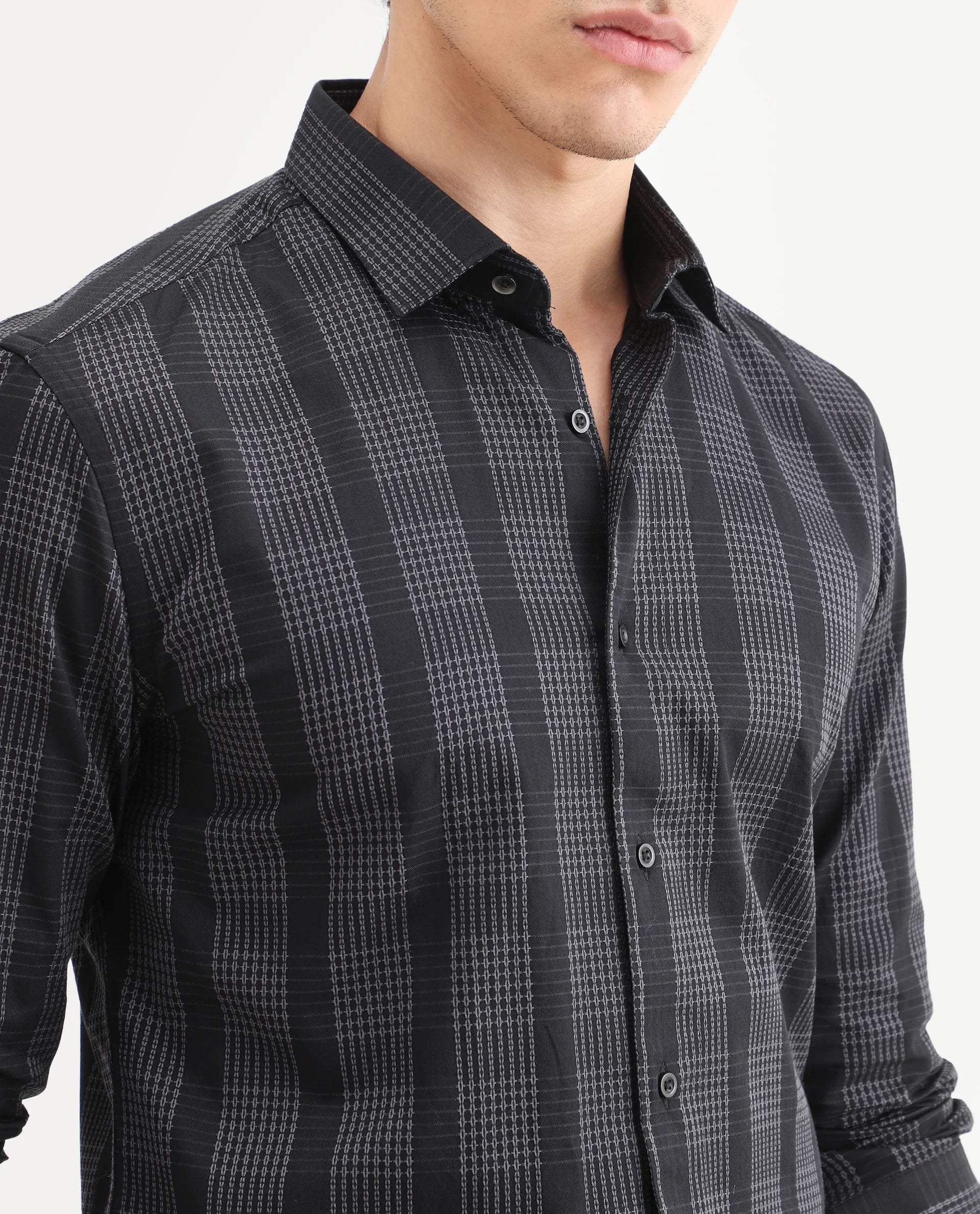 Rare Rabbit Men's Villum Black Cotton Embroidered Regular Fit Full Sleeve Collared Shirt